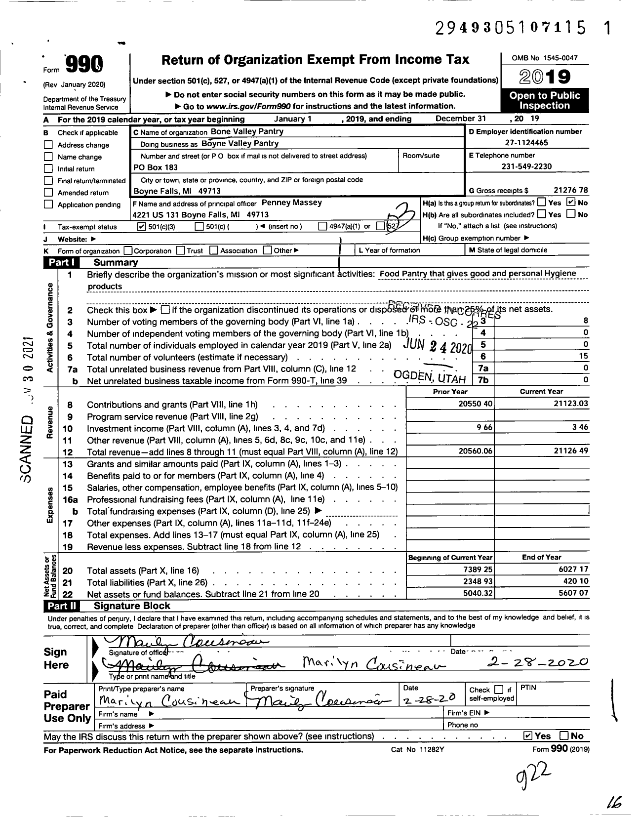 Image of first page of 2019 Form 990 for Boyne Valley Pantry