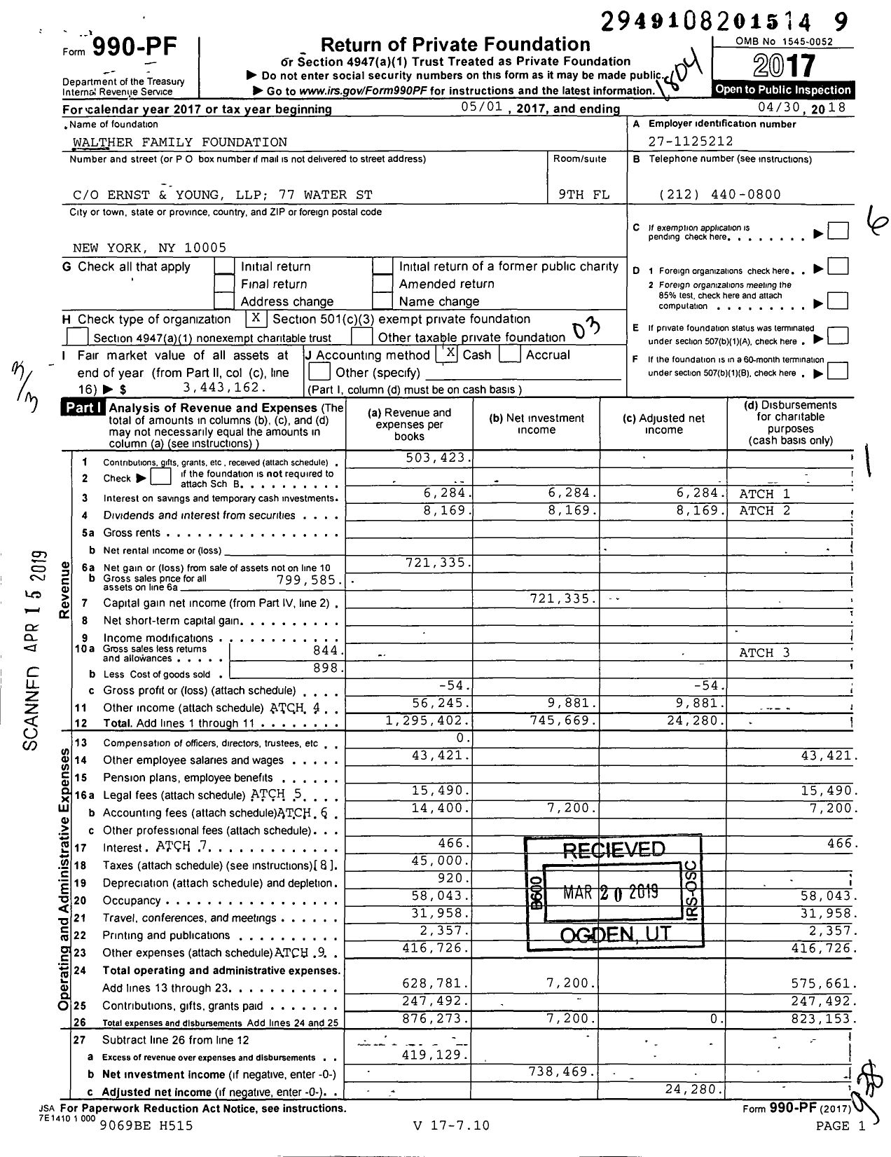 Image of first page of 2017 Form 990PF for Walther Family Foundation