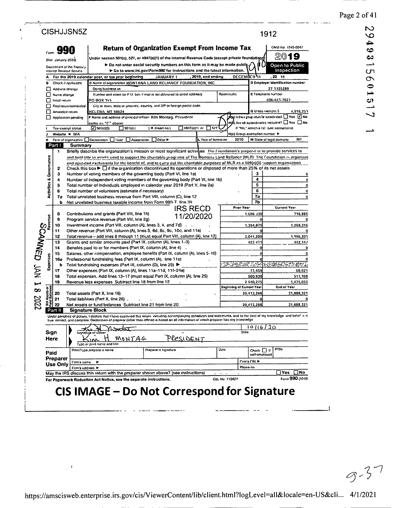 Image of first page of 2019 Form 990 for Montana Land Reliance Foundation