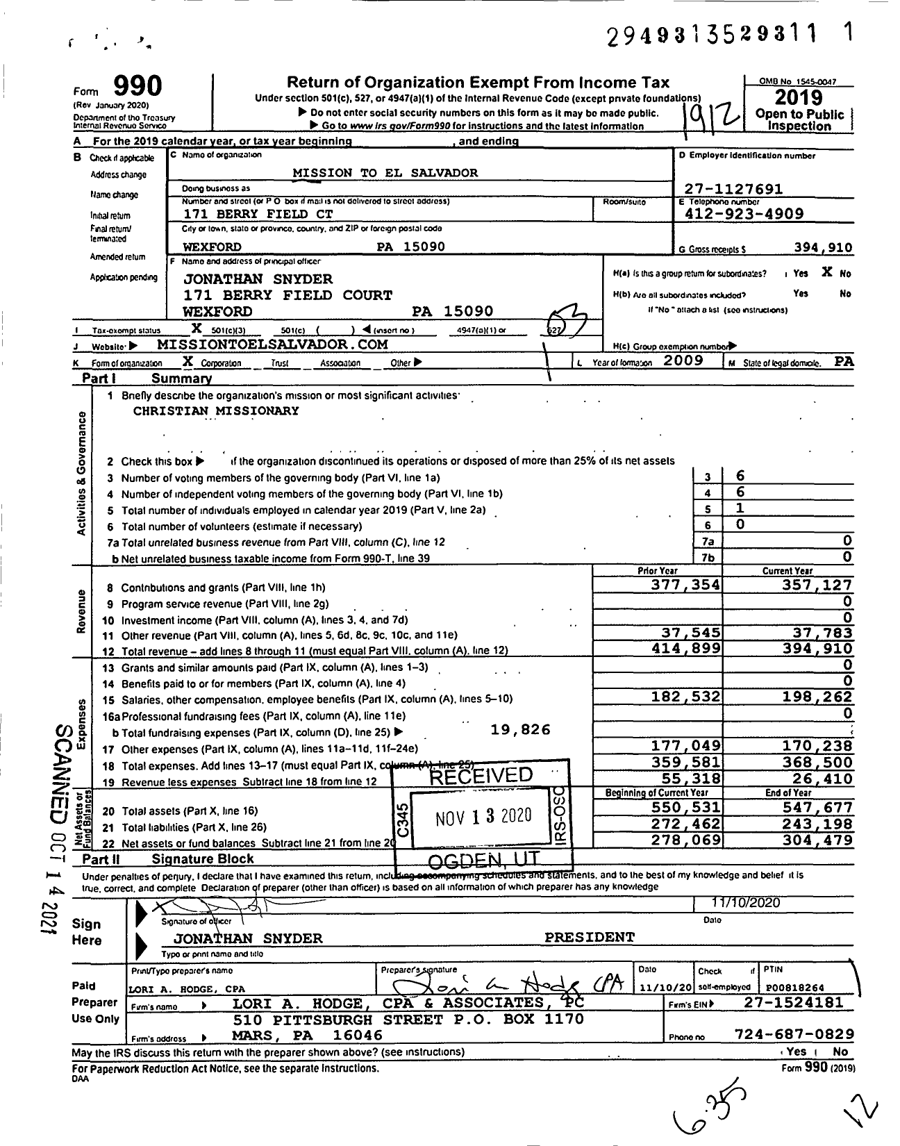 Image of first page of 2019 Form 990 for Mission To El Salvador