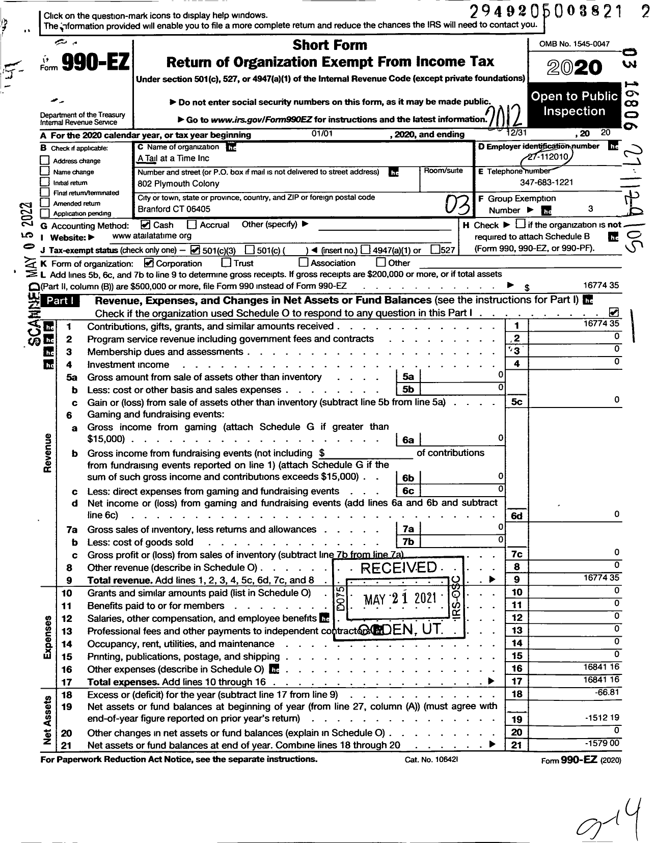 Image of first page of 2020 Form 990EZ for A Tail at A Time