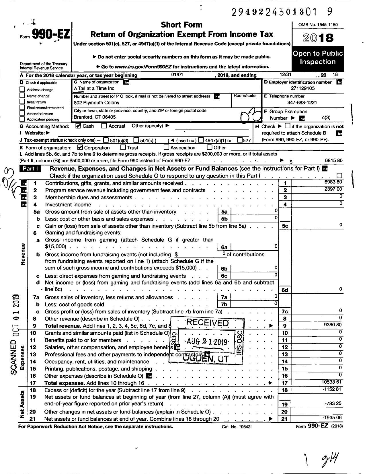 Image of first page of 2018 Form 990EZ for A Tail at A Time