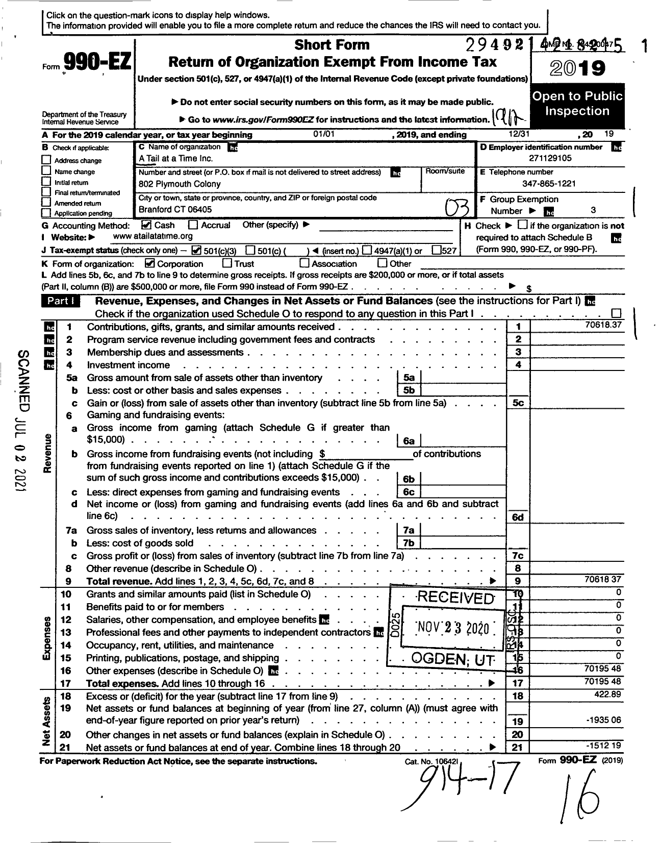 Image of first page of 2019 Form 990EZ for A Tail at A Time