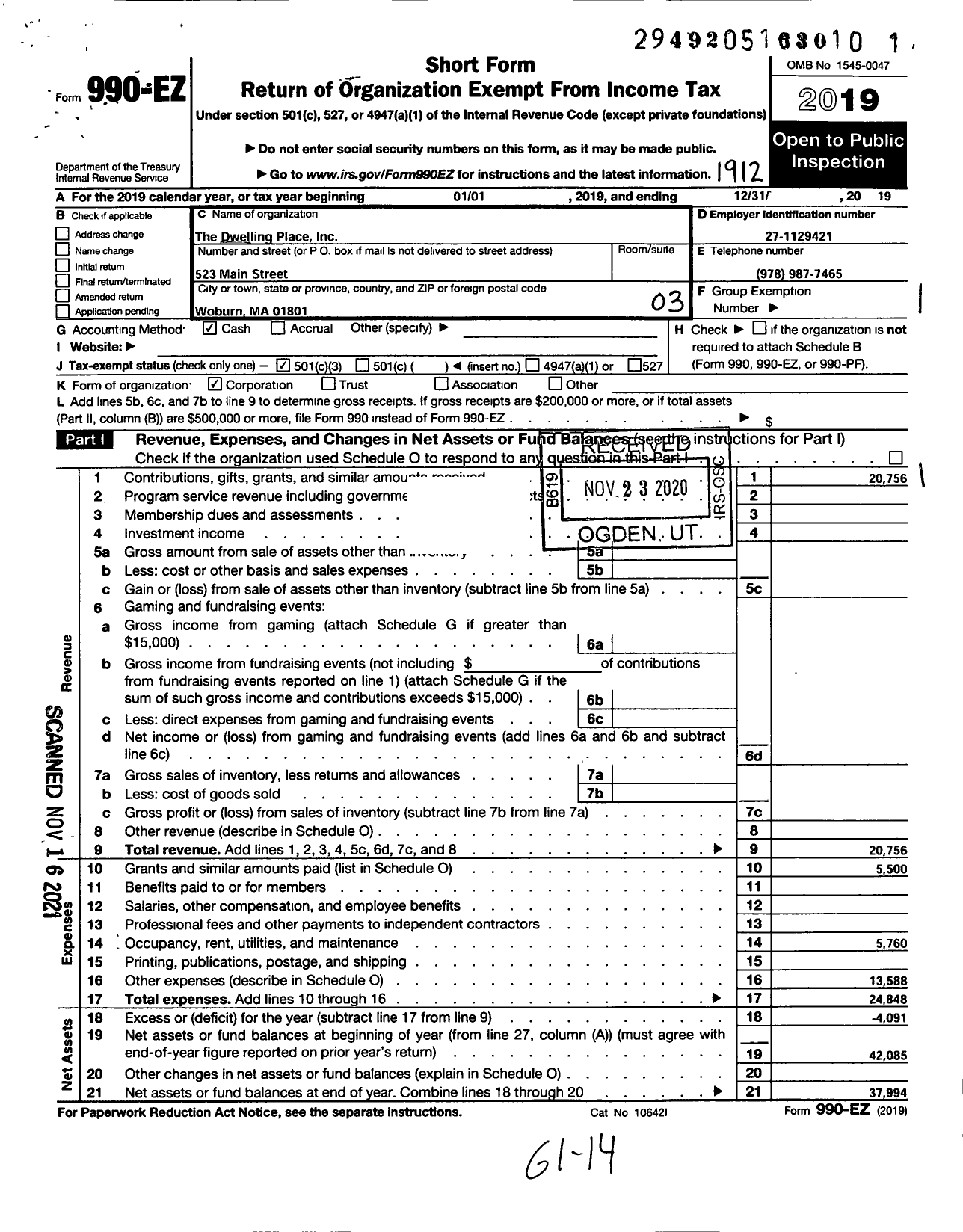 Image of first page of 2019 Form 990EZ for Dwelling Place