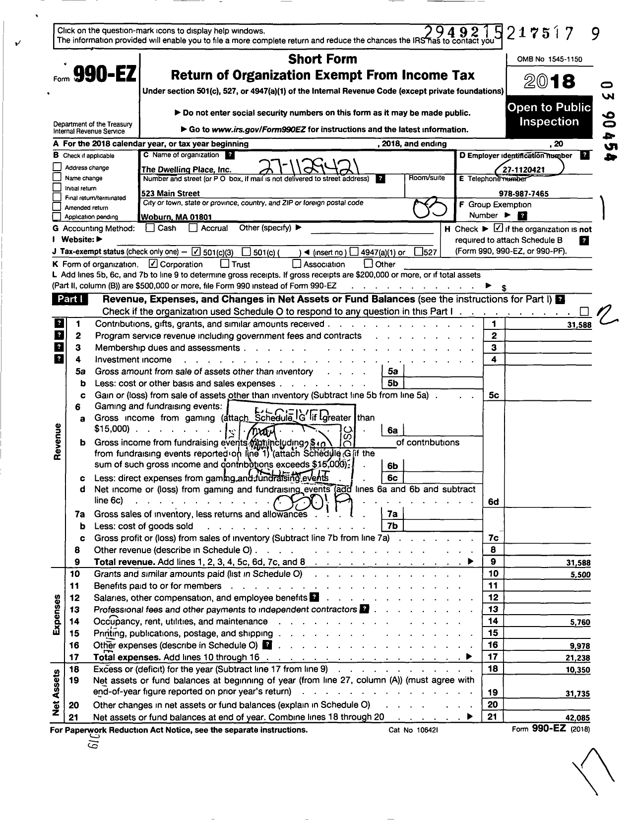 Image of first page of 2018 Form 990EZ for Dwelling Place