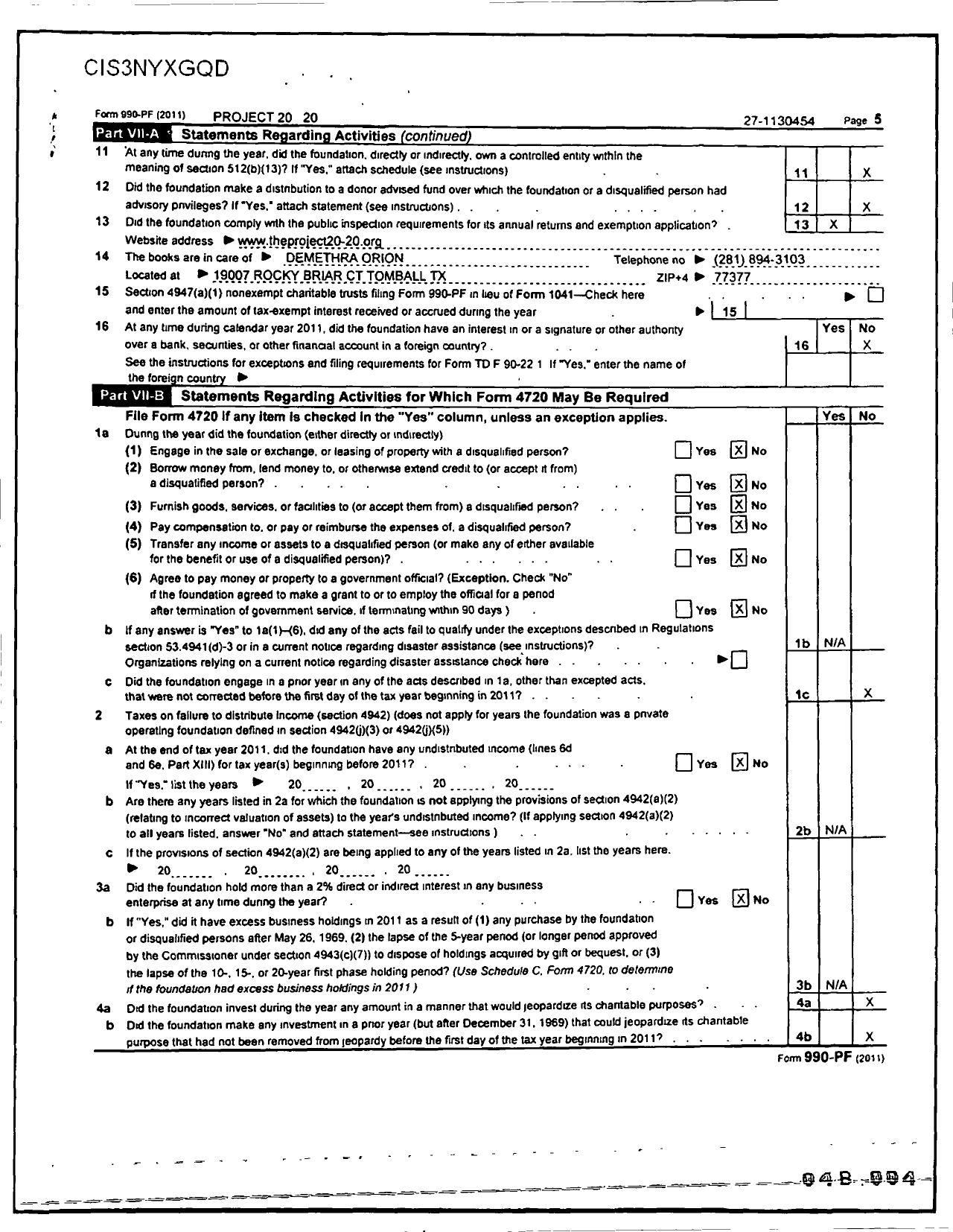 Image of first page of 2011 Form 990PR for Project 20