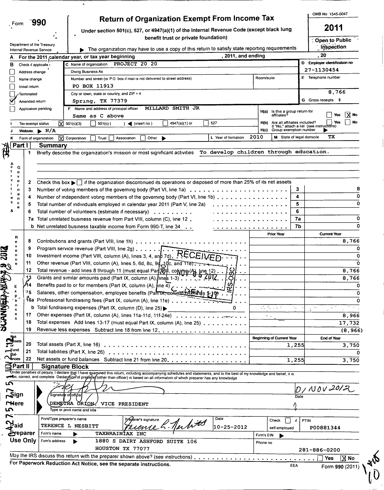 Image of first page of 2011 Form 990 for Project 20