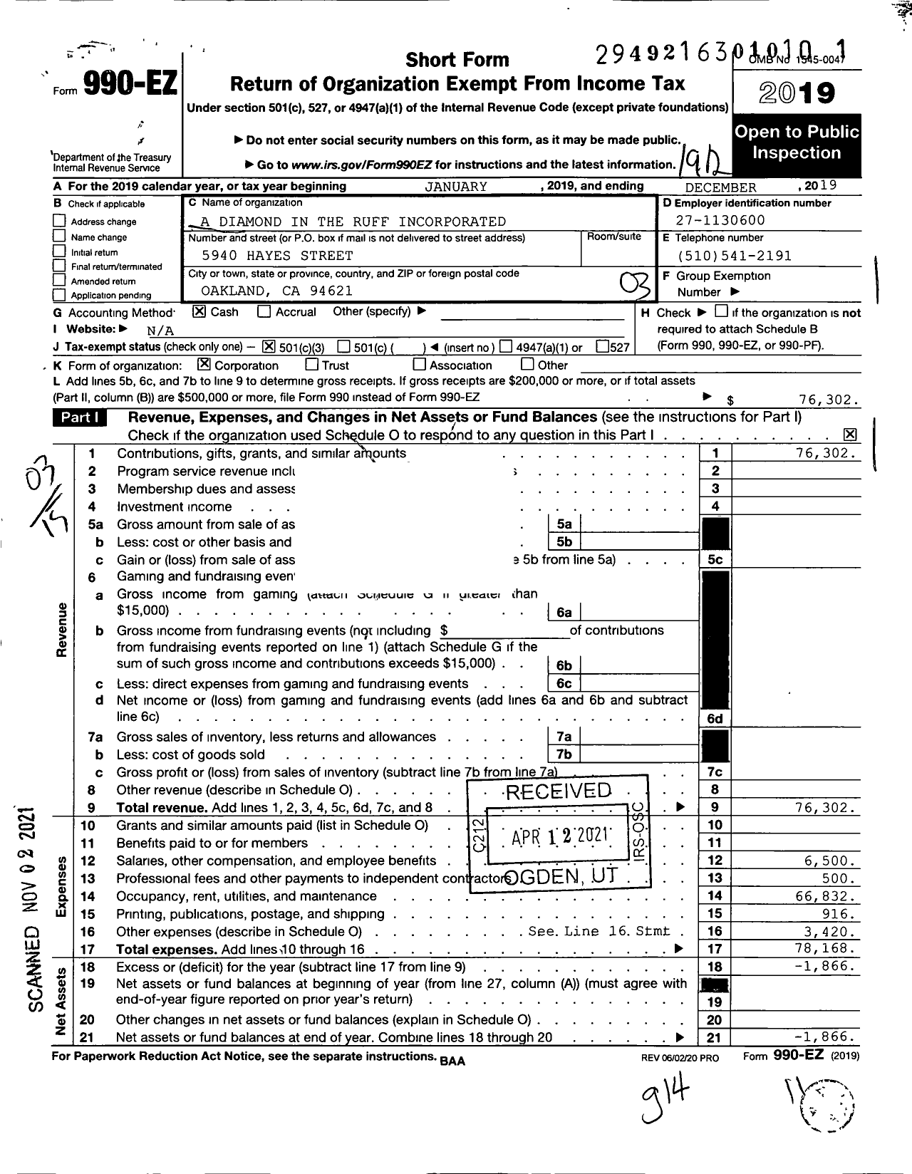 Image of first page of 2019 Form 990EZ for A Diamond in the Ruff Incorporated