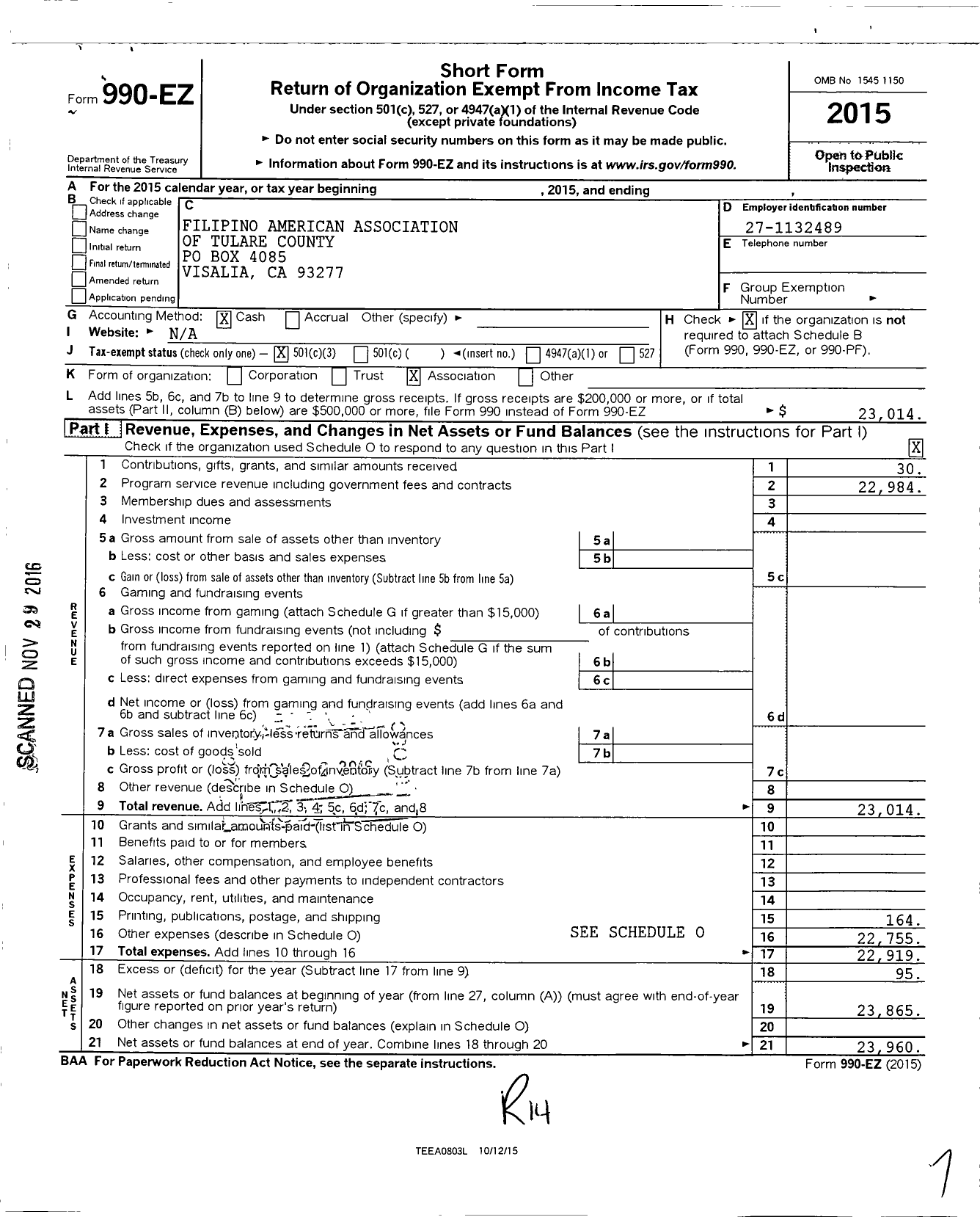 Image of first page of 2015 Form 990EZ for Filipino American Association of Tulare County