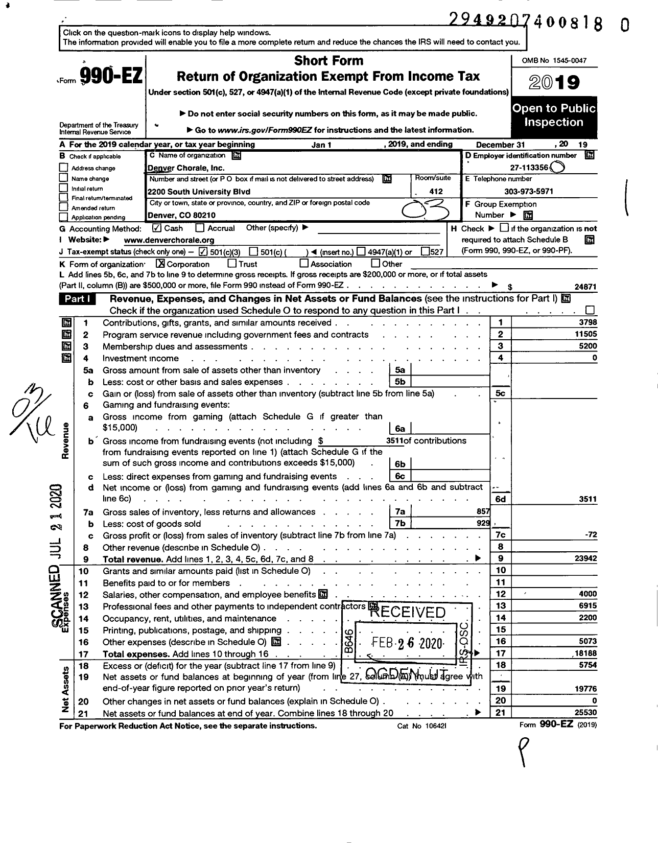 Image of first page of 2019 Form 990EZ for Denver Chorale