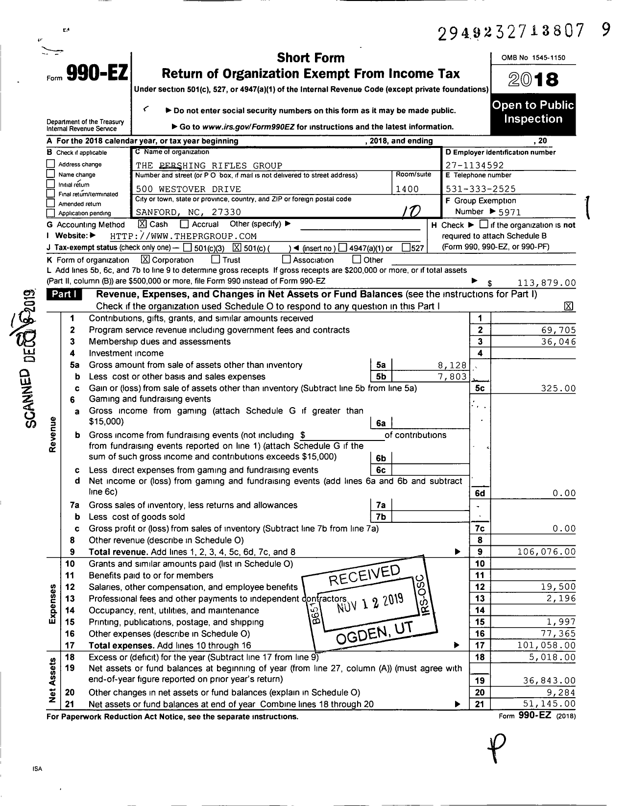 Image of first page of 2018 Form 990EO for Pershing Rifles Group