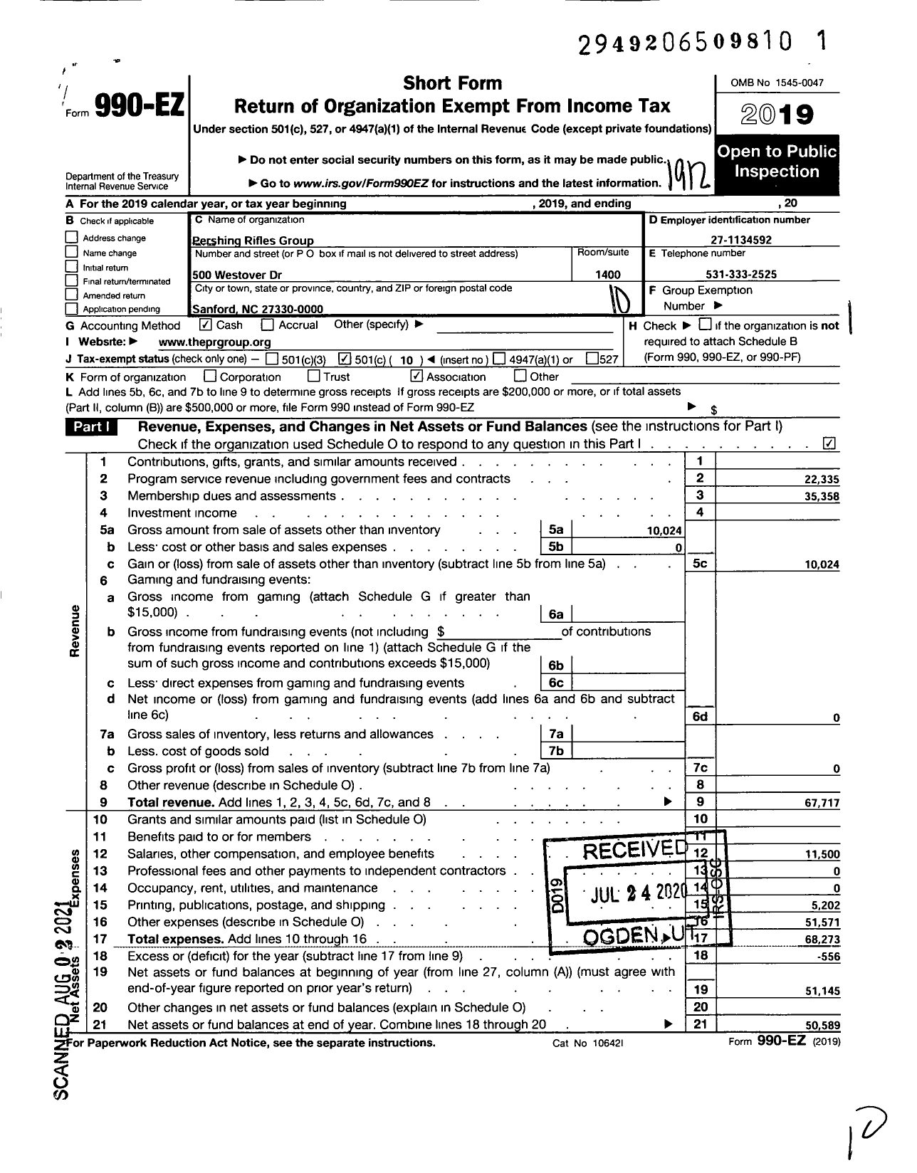 Image of first page of 2019 Form 990EO for Pershing Rifles Group