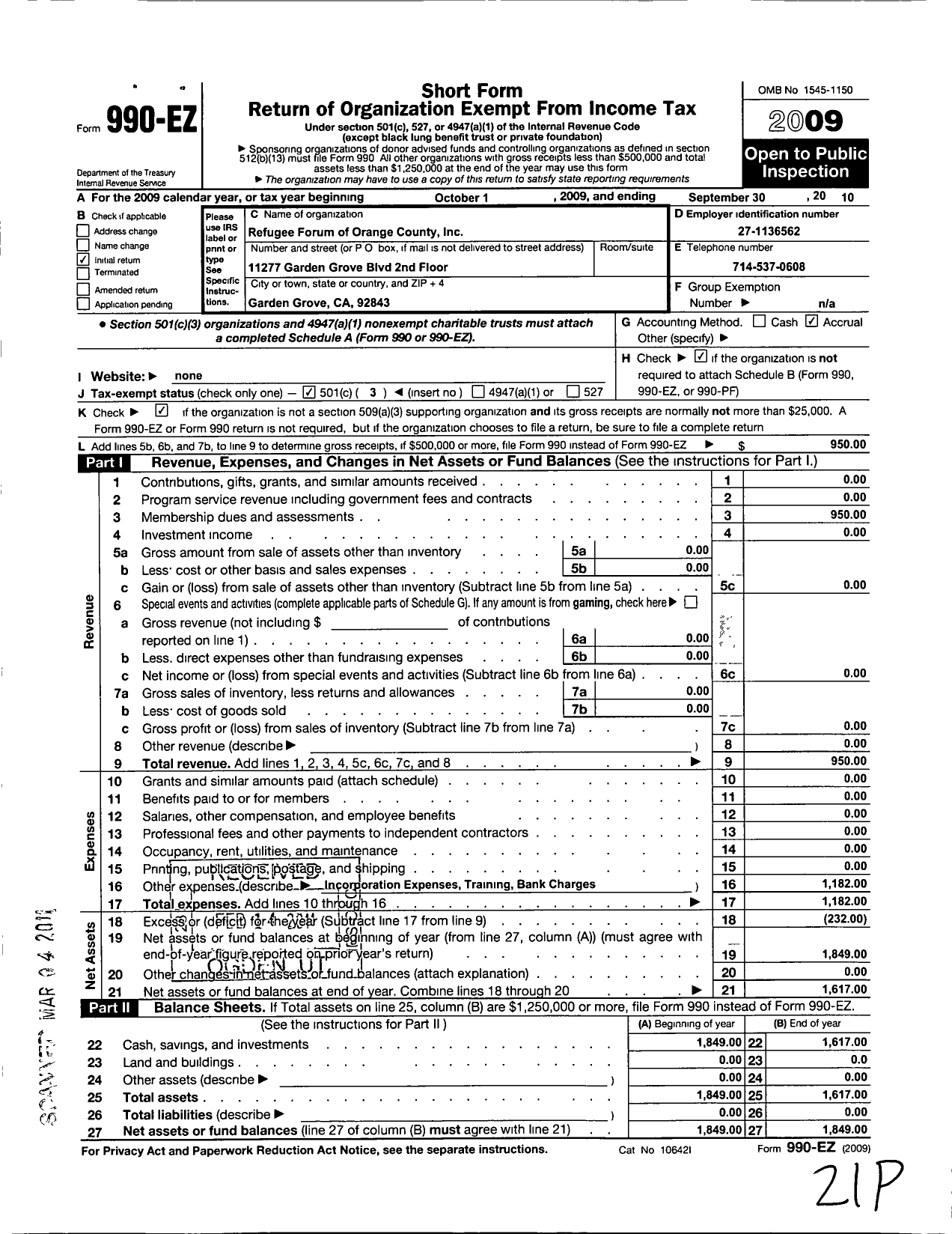 Image of first page of 2009 Form 990EZ for Refugee Forum of Orange County