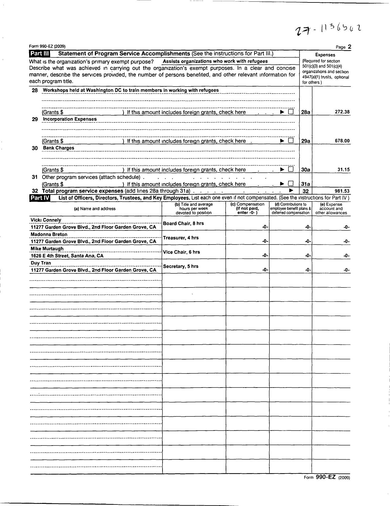 Image of first page of 2009 Form 990ER for Refugee Forum of Orange County