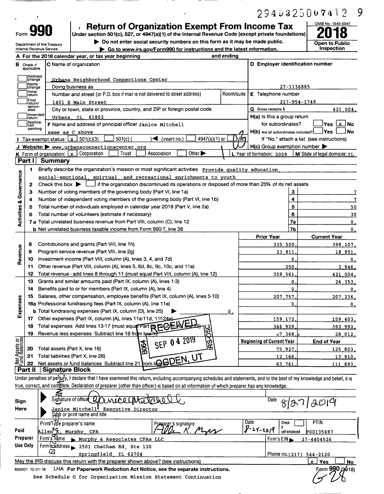 Image of first page of 2018 Form 990 for Urbana Neighborhood Connections Center