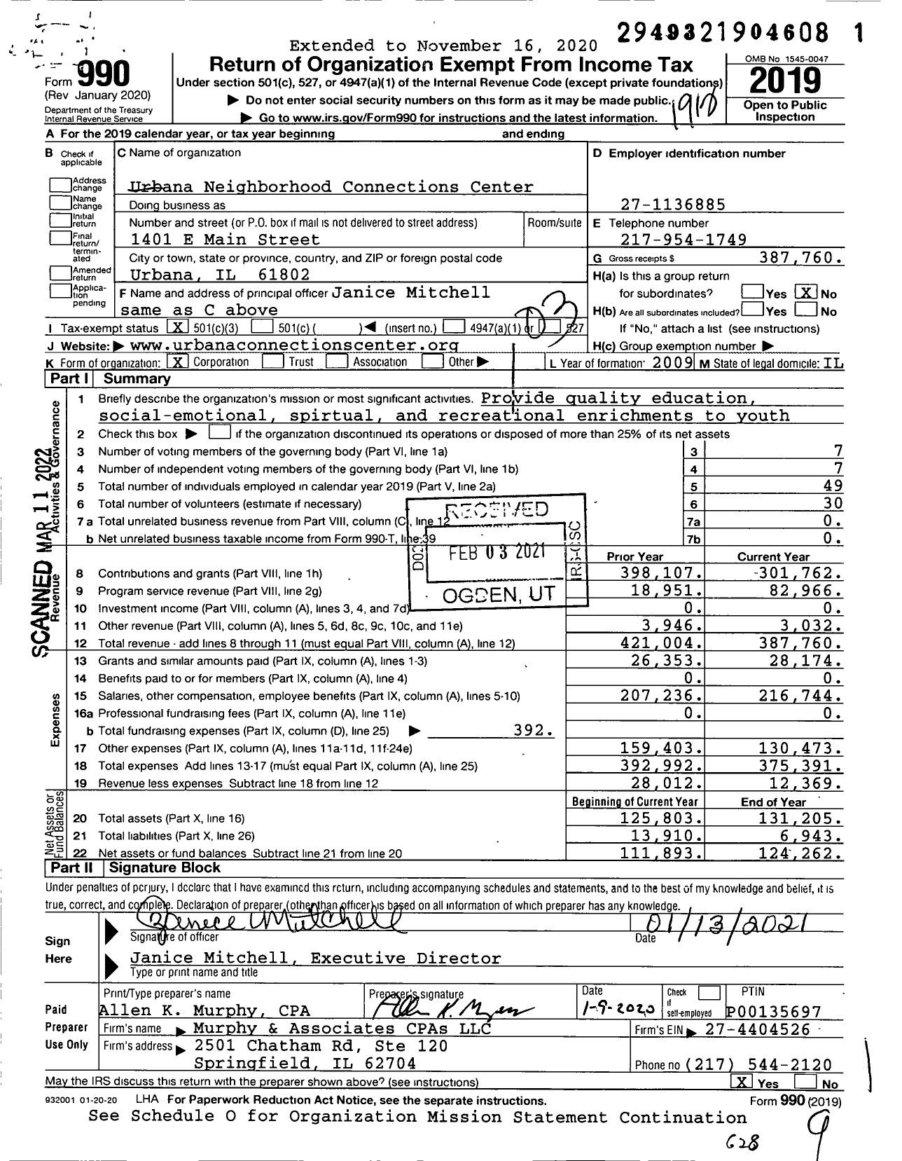 Image of first page of 2019 Form 990 for Urbana Neighborhood Connections Center