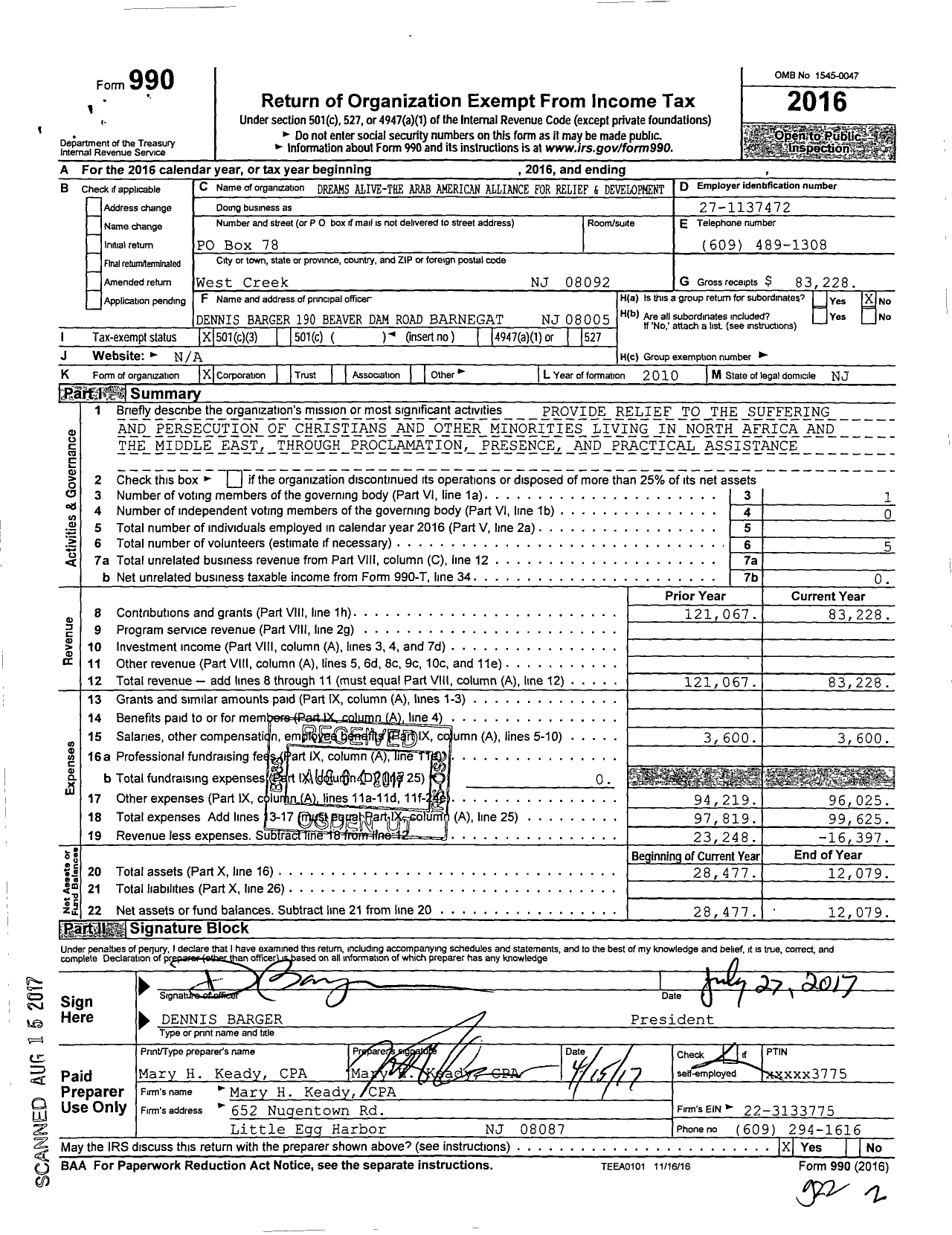 Image of first page of 2016 Form 990 for Dreams Alive-The Arab American Alliance for Relief and Development