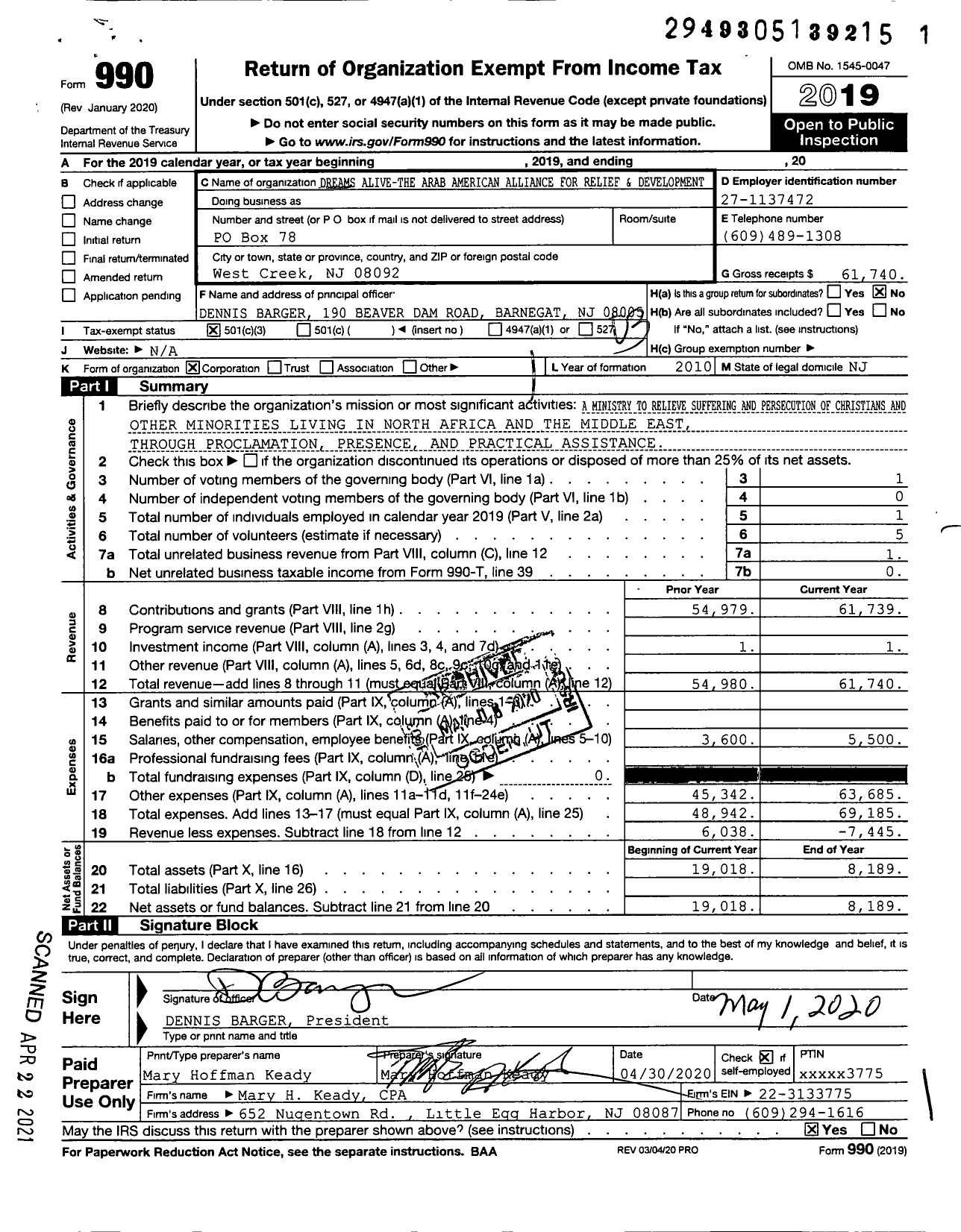 Image of first page of 2019 Form 990 for Dreams Alive-The Arab American Alliance for Relief and Development