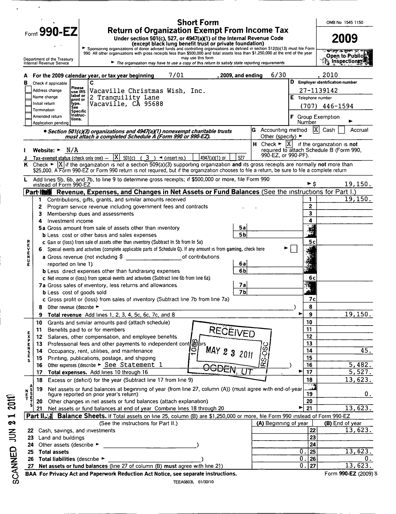 Image of first page of 2009 Form 990EZ for Vacaville Christmas Wish