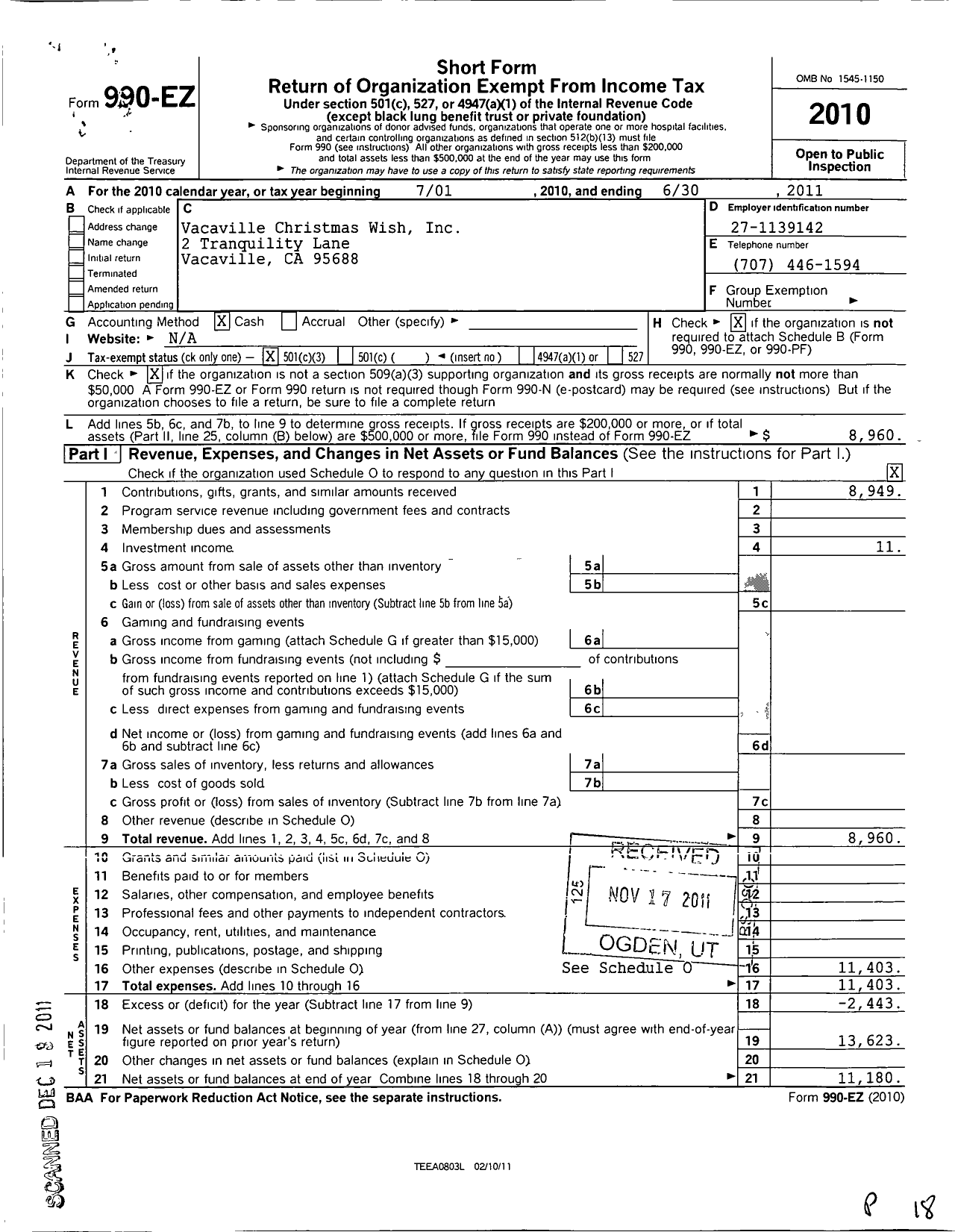 Image of first page of 2010 Form 990EZ for Vacaville Christmas Wish