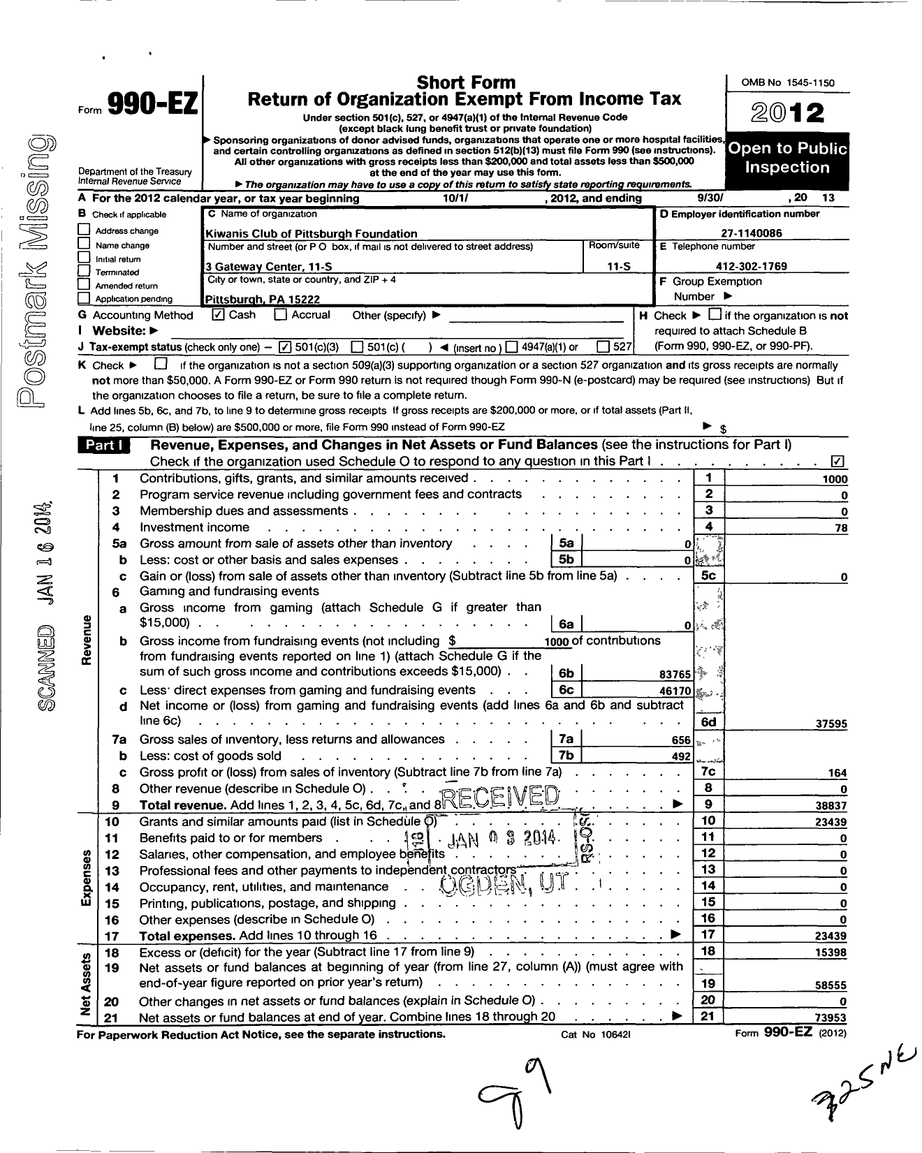 Image of first page of 2012 Form 990EZ for Kiwanis Club of Pittsburgh Foundation