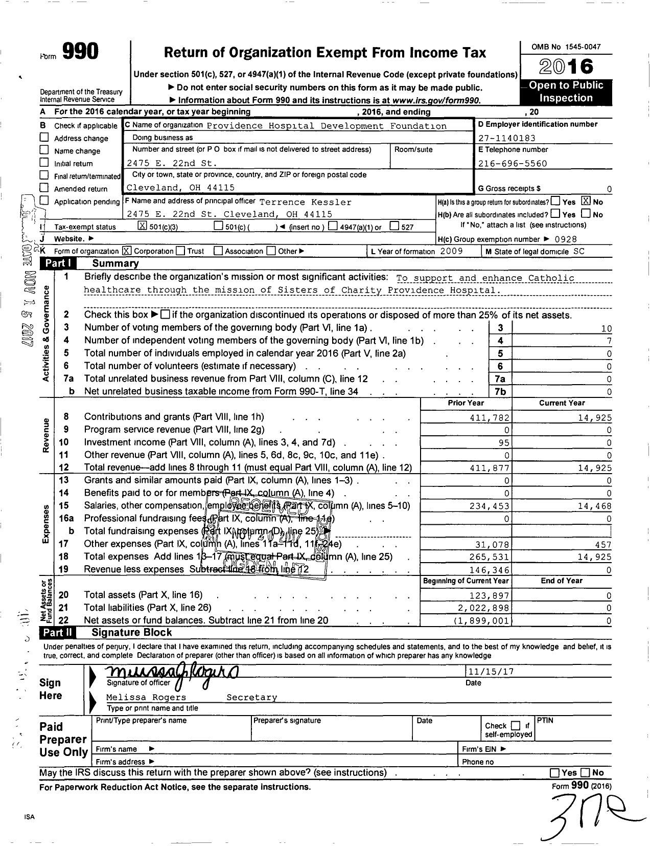 Image of first page of 2016 Form 990 for Providence Hospitals Development Foundation