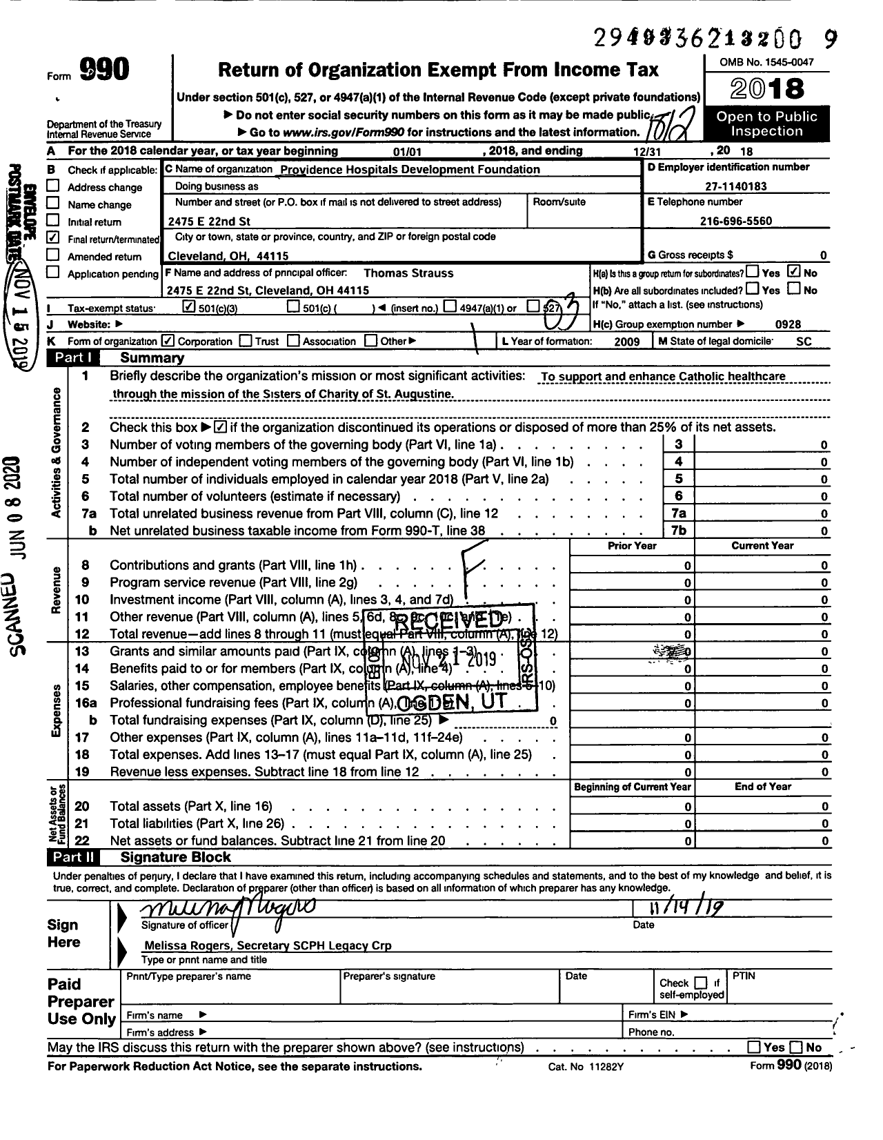 Image of first page of 2018 Form 990 for Providence Hospitals Development Foundation