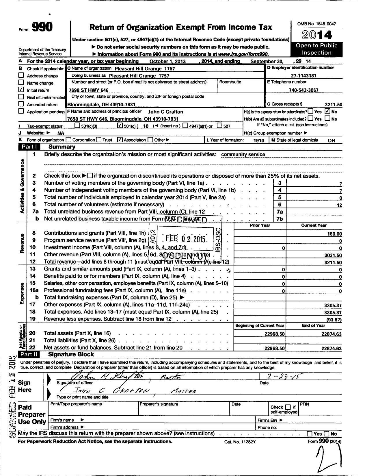 Image of first page of 2013 Form 990O for Pleasant Hill Grange 1757