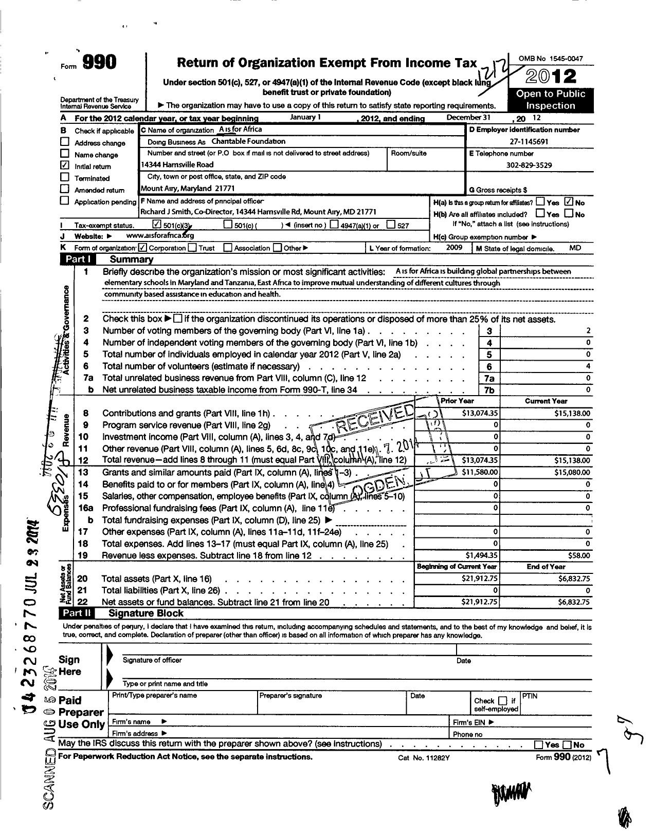 Image of first page of 2012 Form 990 for A Is for Africa