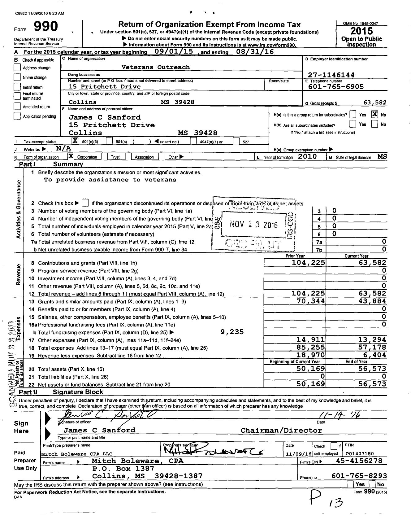 Image of first page of 2015 Form 990 for Veterans Outreach