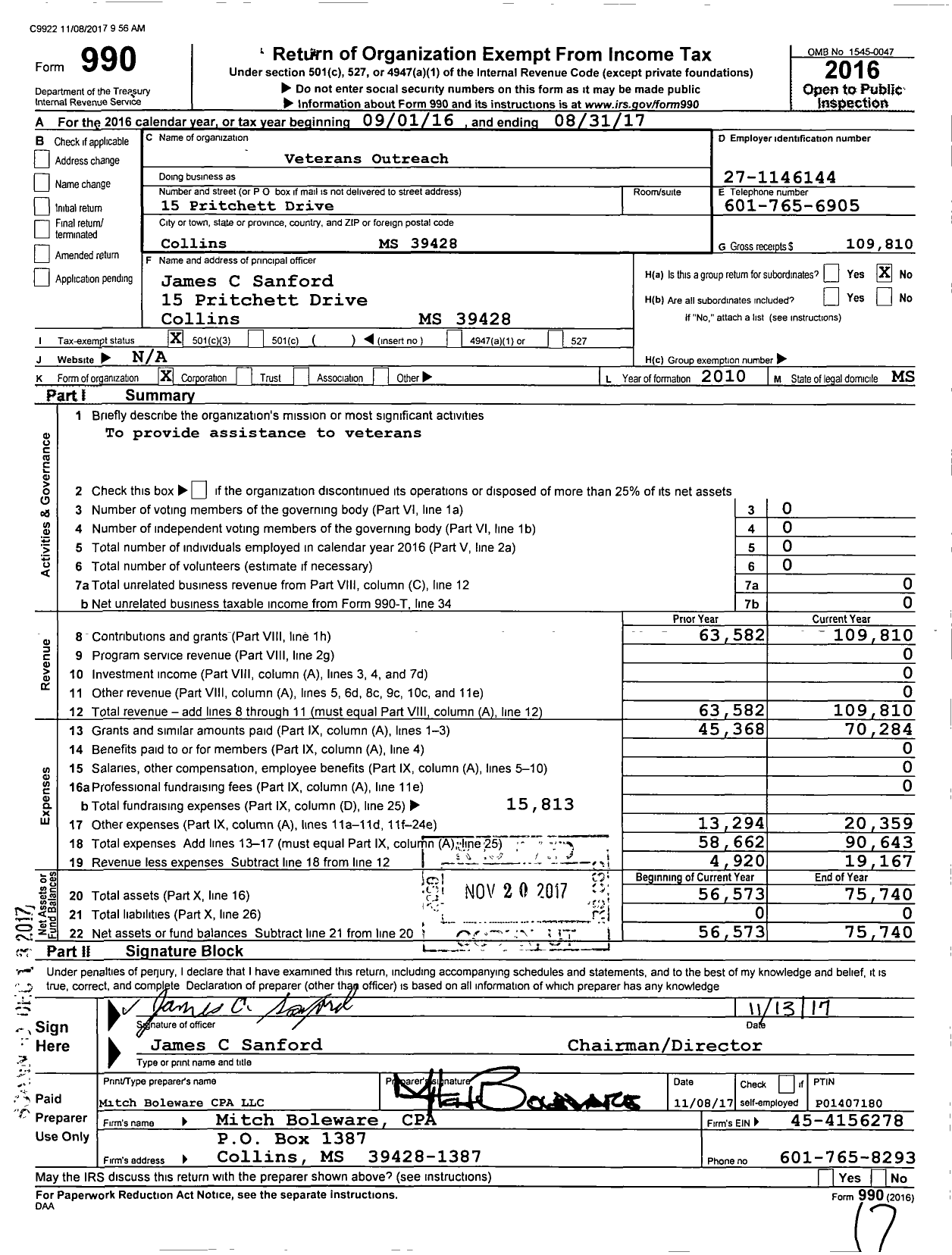 Image of first page of 2016 Form 990 for Veterans Outreach