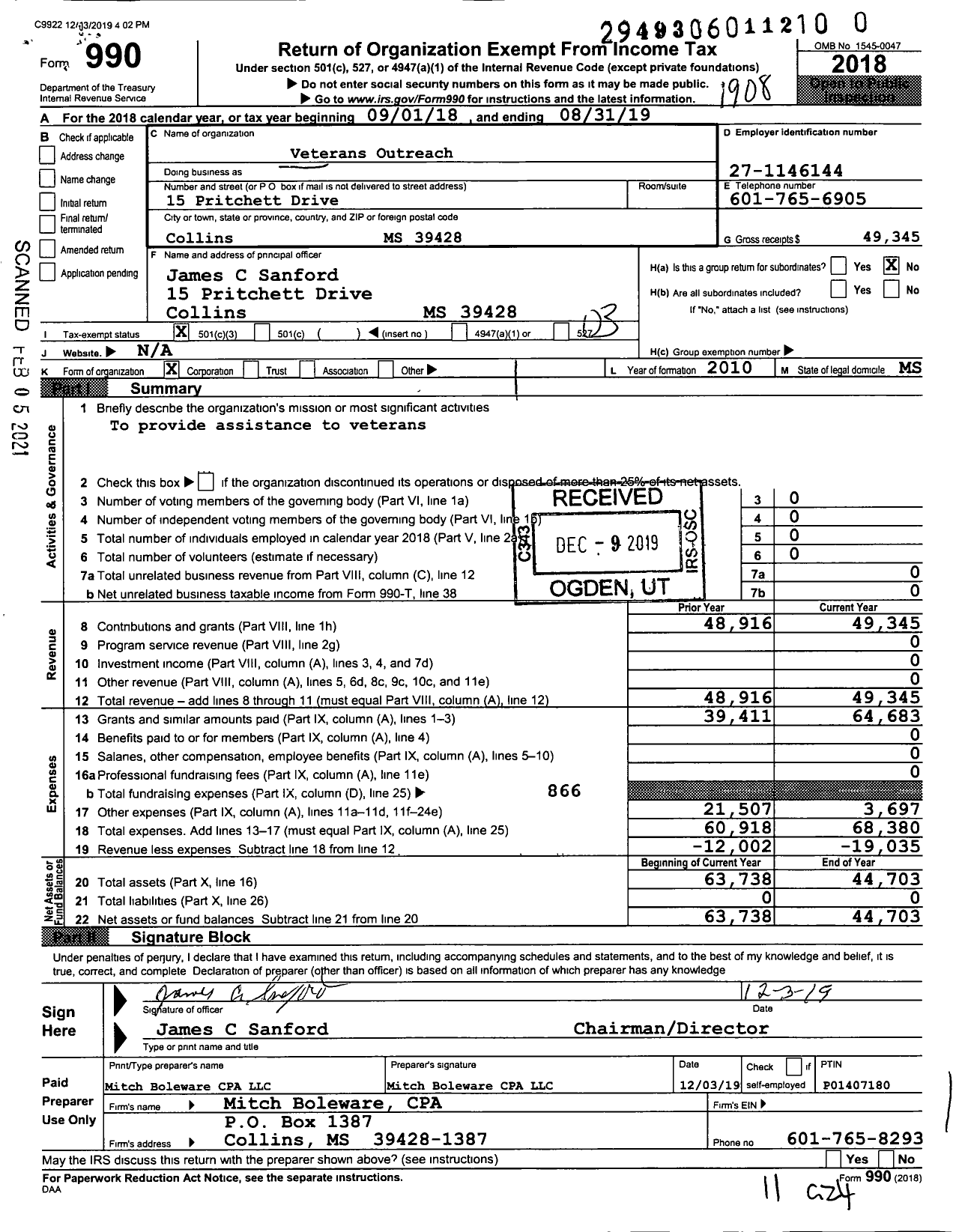 Image of first page of 2018 Form 990 for Veterans Outreach