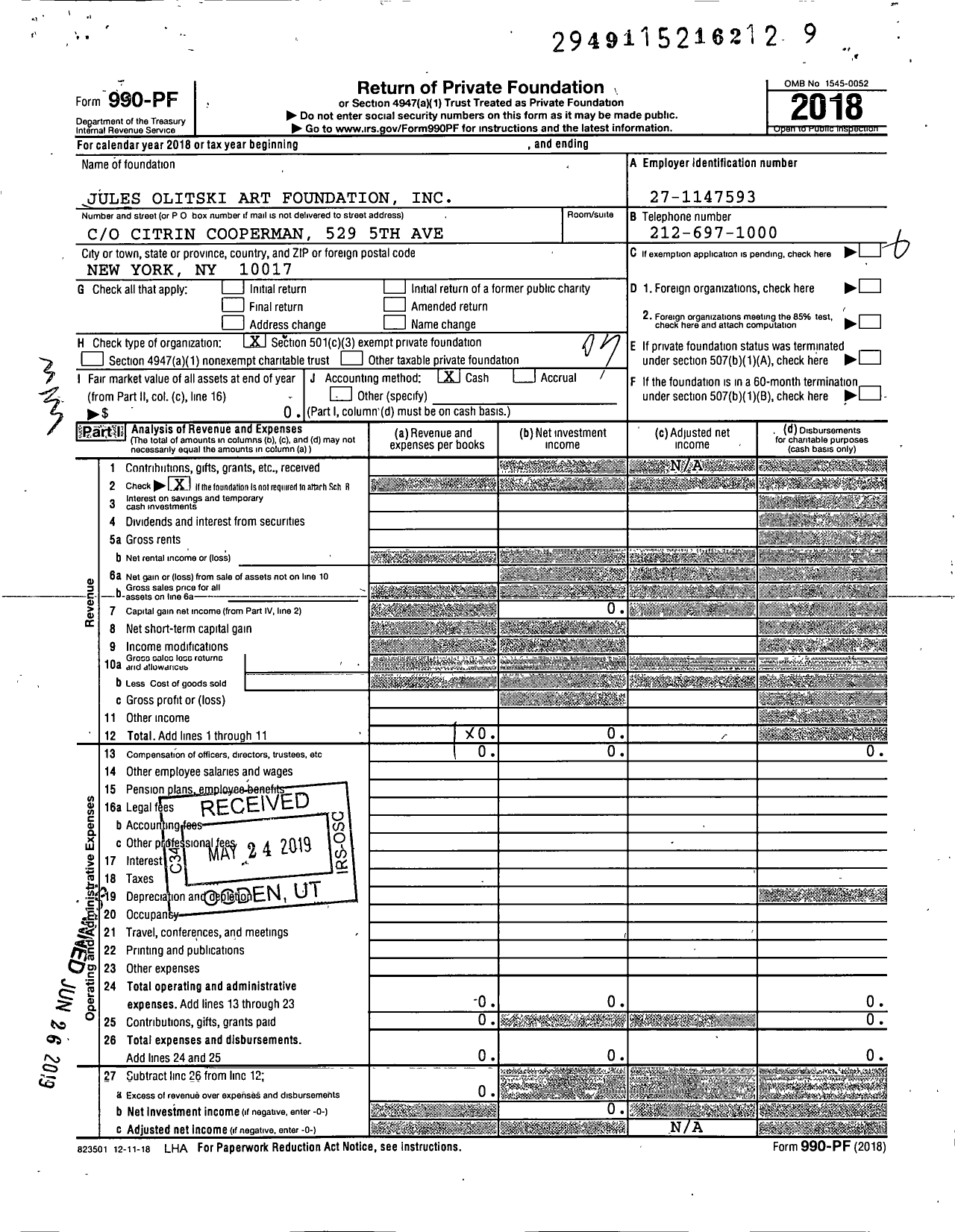 Image of first page of 2018 Form 990PF for Jules Olitski Art Foundation