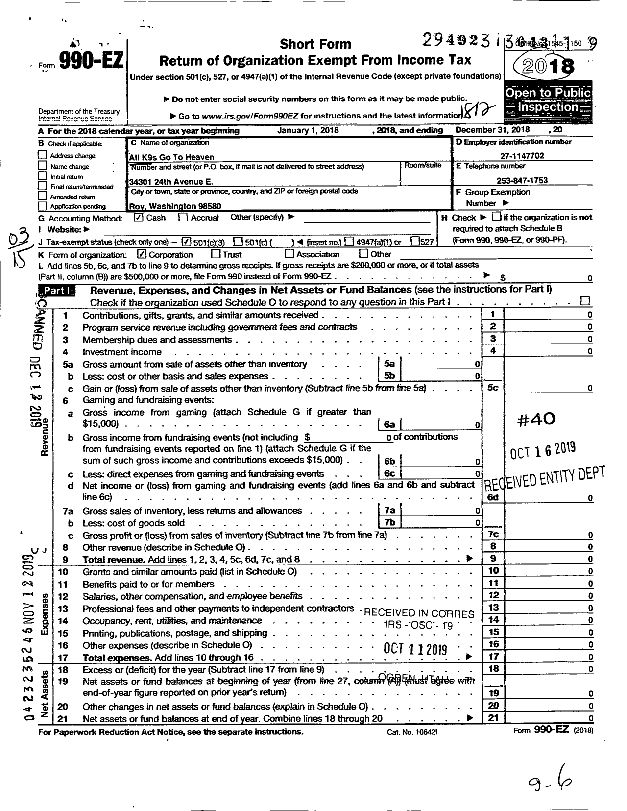 Image of first page of 2018 Form 990EZ for All K9S Go To Heaven