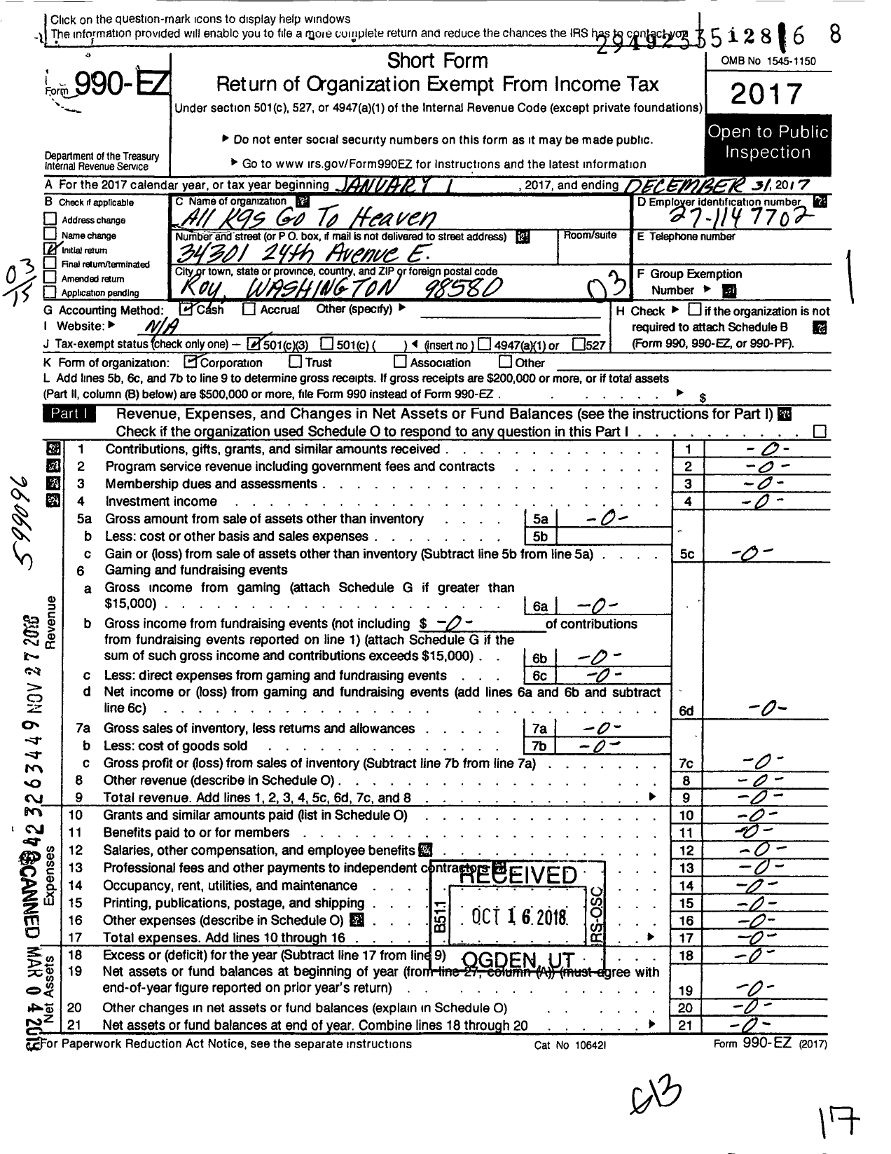 Image of first page of 2017 Form 990EZ for All K9S Go To Heaven