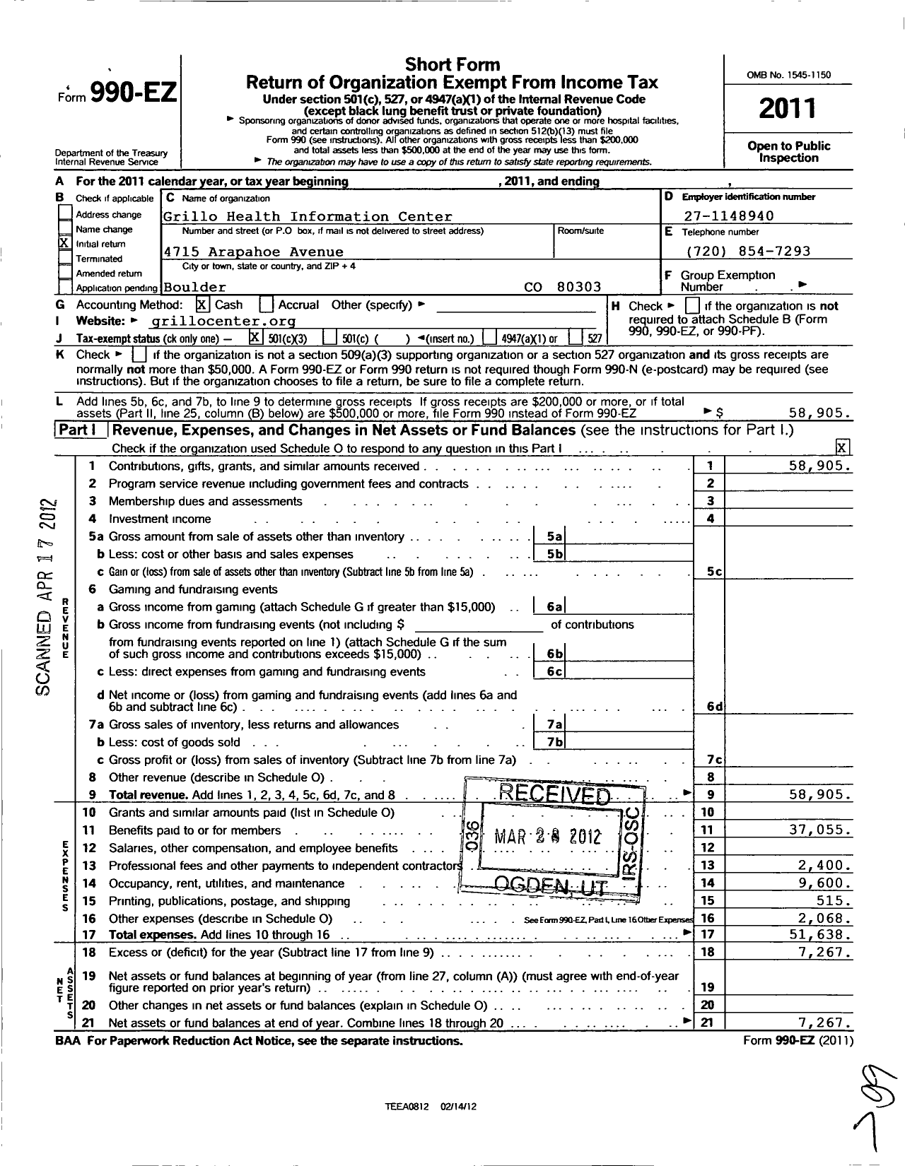 Image of first page of 2011 Form 990EZ for Grillo Health Information Center