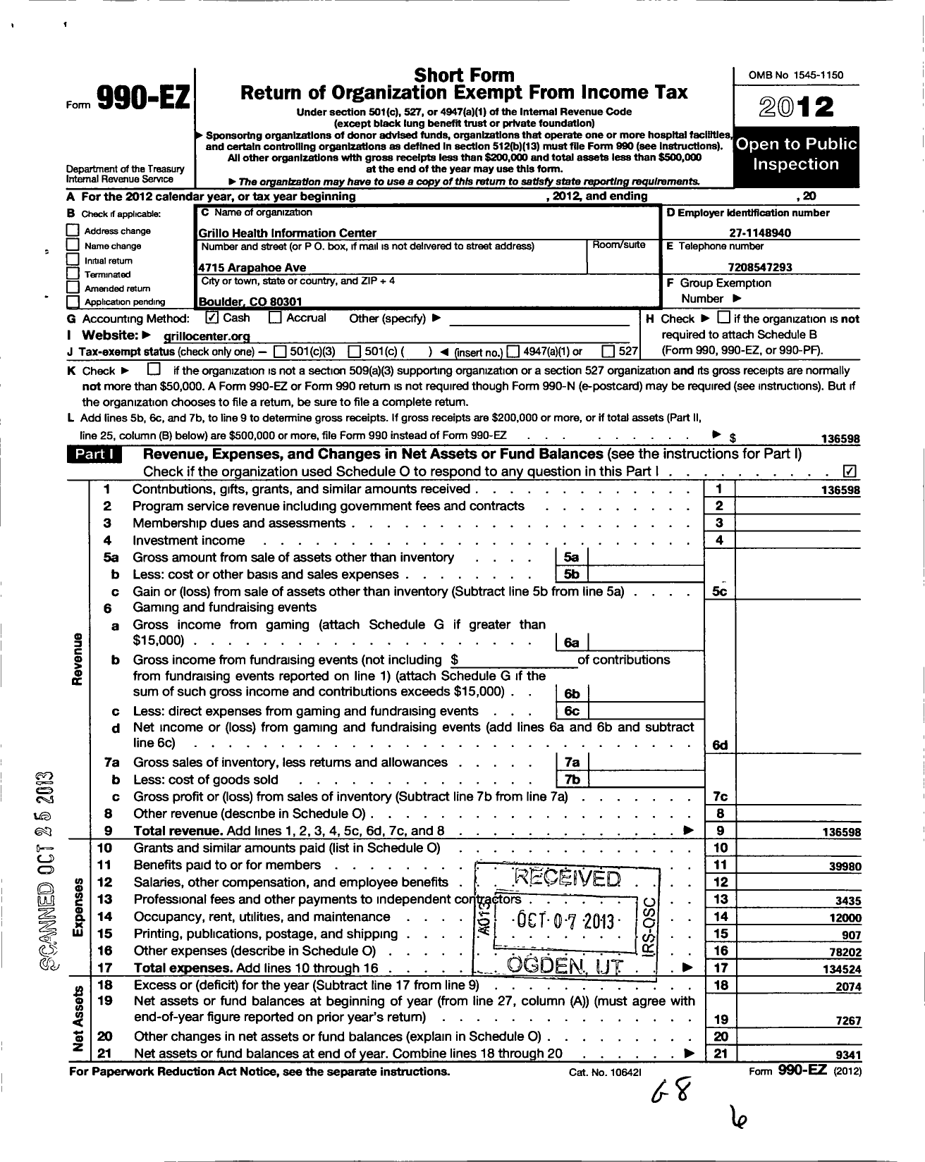 Image of first page of 2012 Form 990EO for Grillo Health Information Center