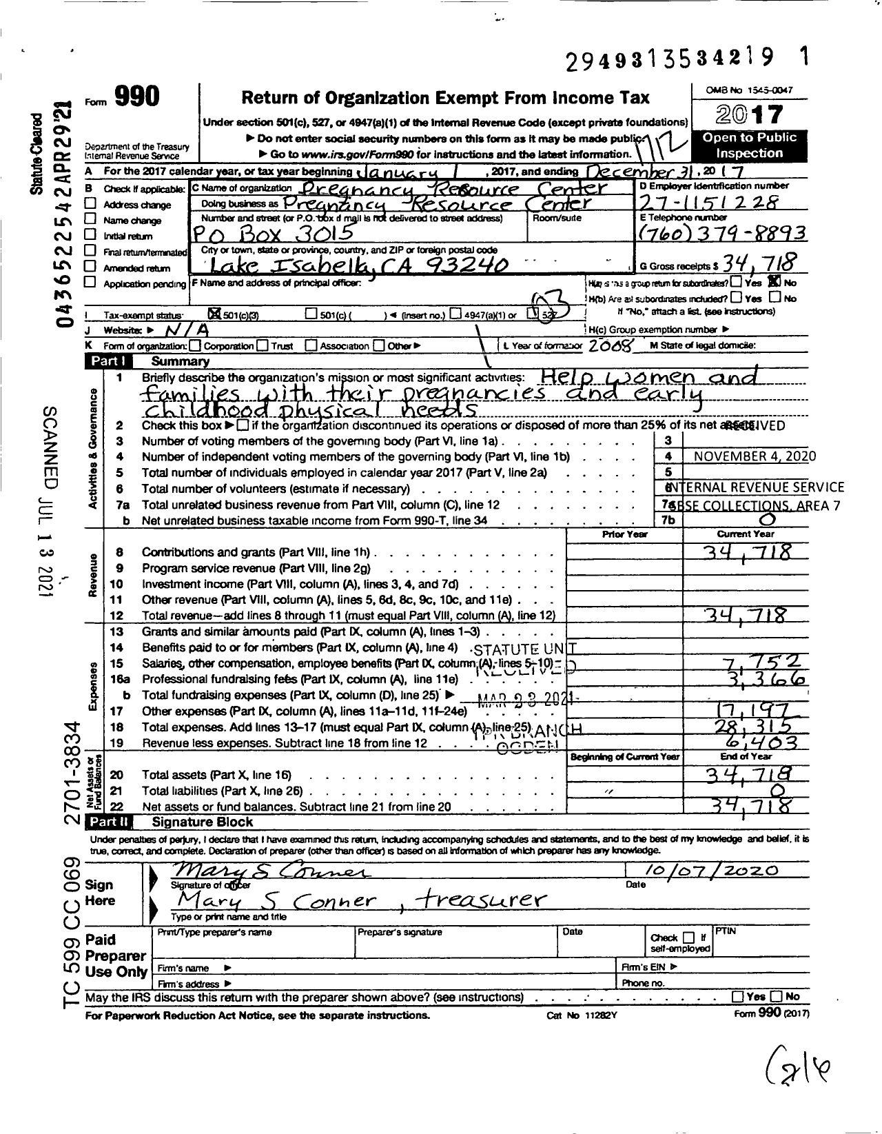 Image of first page of 2017 Form 990 for Pregnancy Resource Center of the Kern River Valley