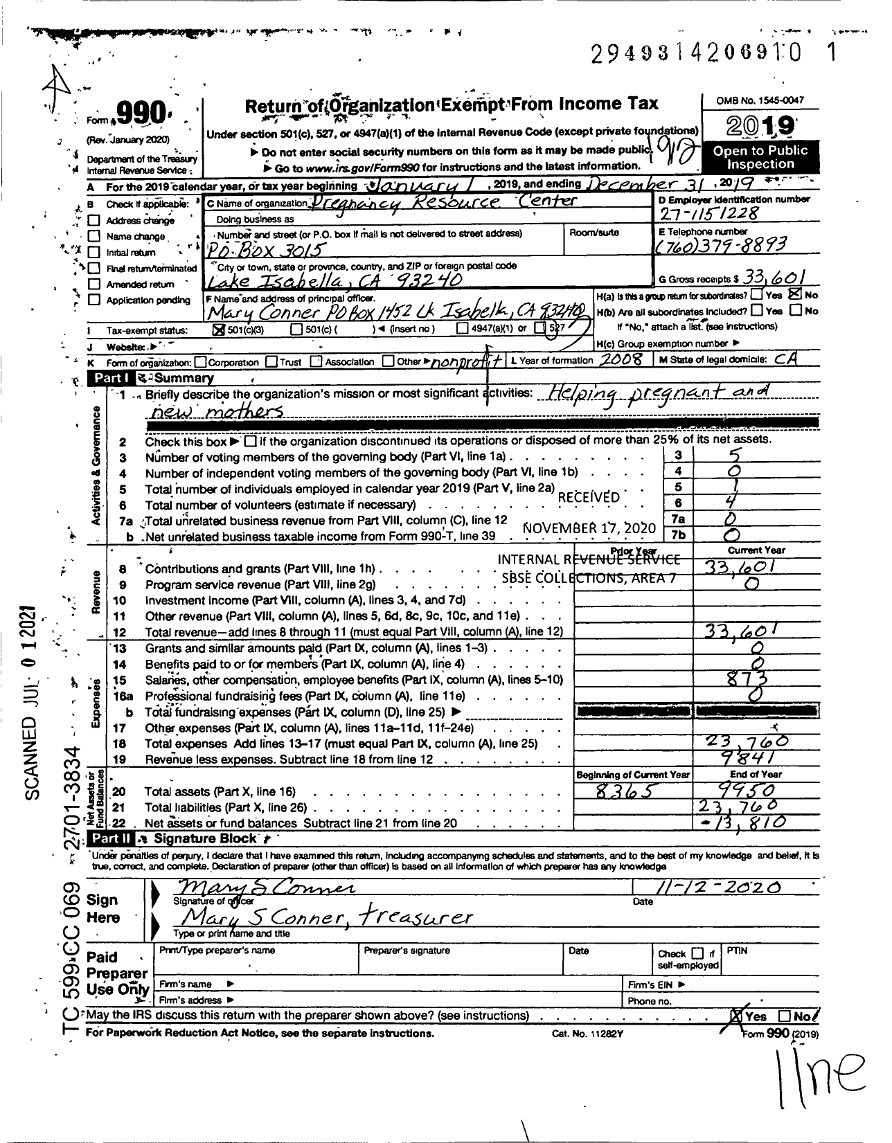 Image of first page of 2019 Form 990 for Pregnancy Resource Center of the Kern River Valley