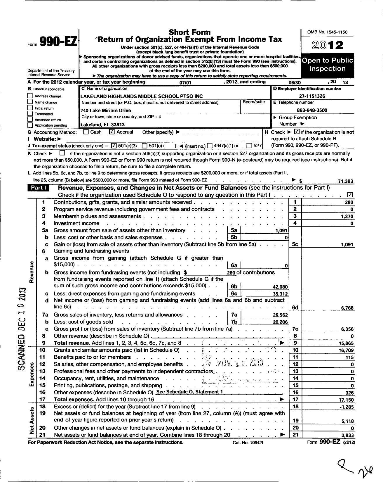 Image of first page of 2012 Form 990EZ for Lakeland Highlands Middle School Ptso