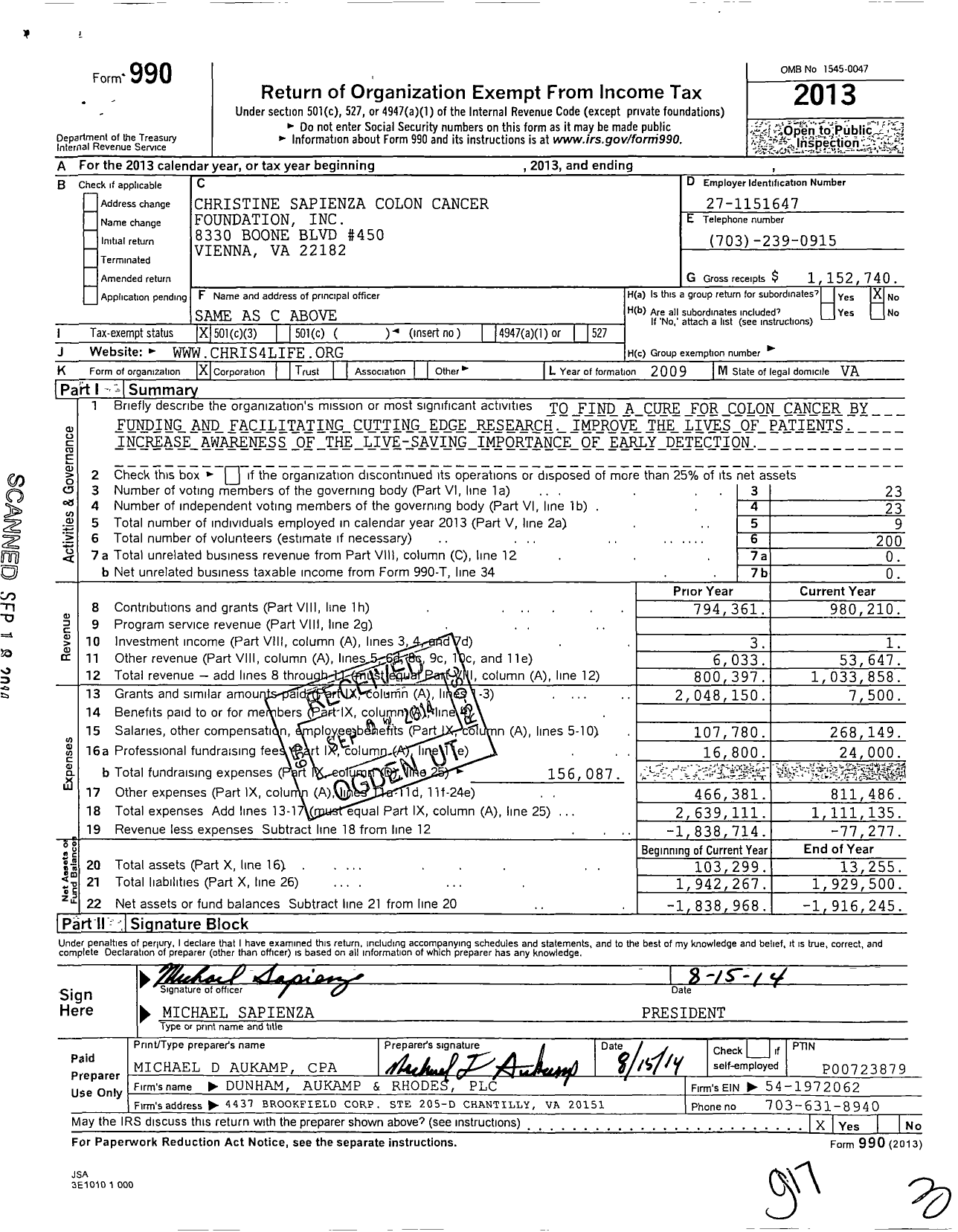 Image of first page of 2013 Form 990 for Christine Sapienza Colon Cancer Foundation