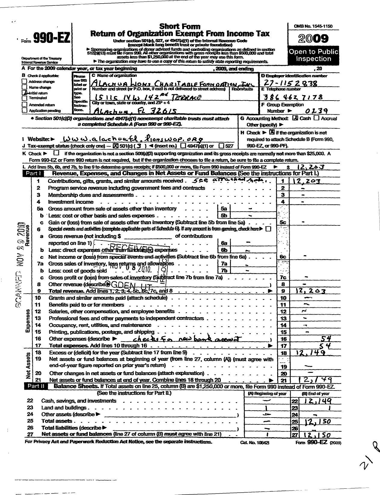 Image of first page of 2009 Form 990EZ for Alachua Lions Charitable Foundation