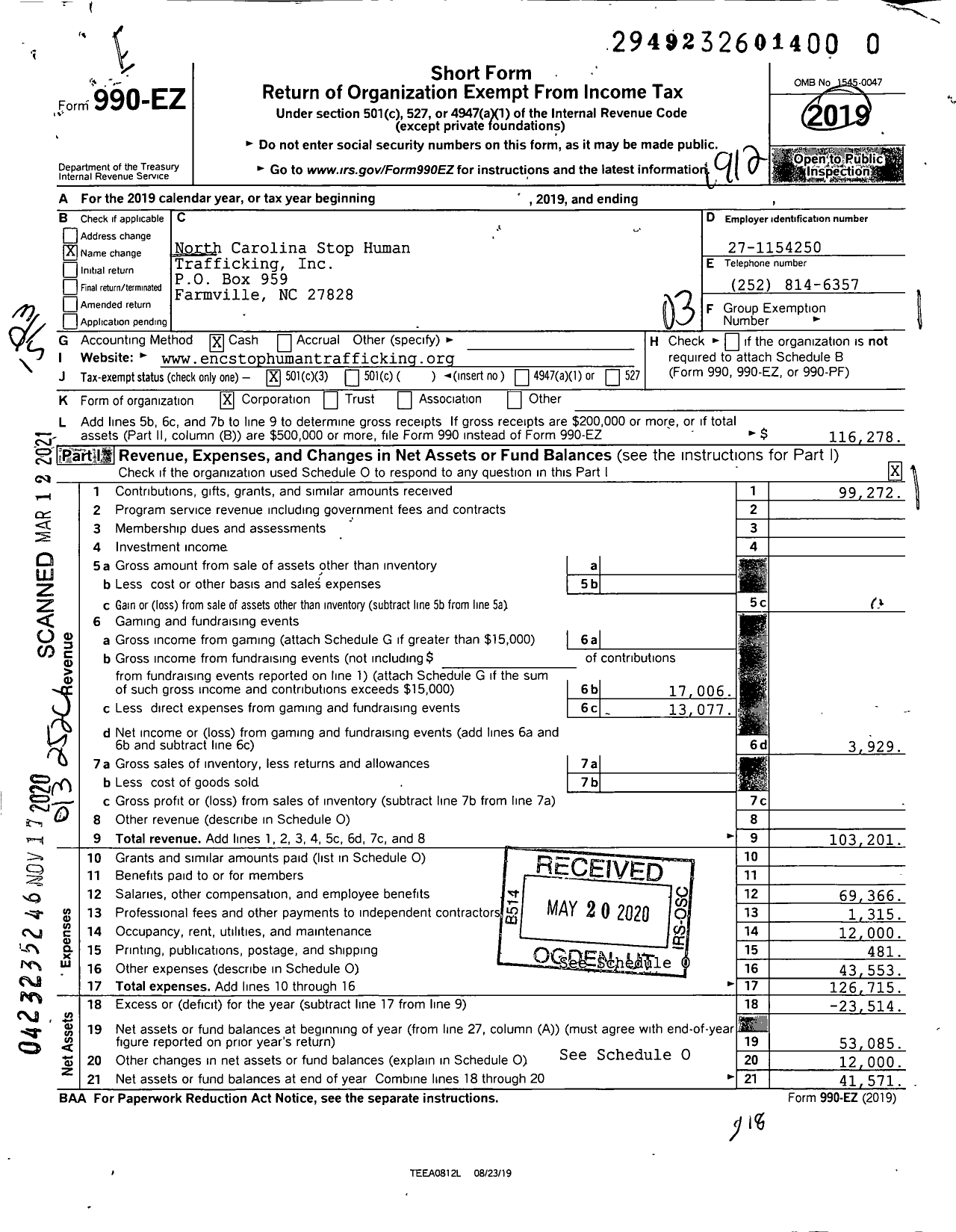 Image of first page of 2019 Form 990EZ for North Carolina Stop Human Trafficking