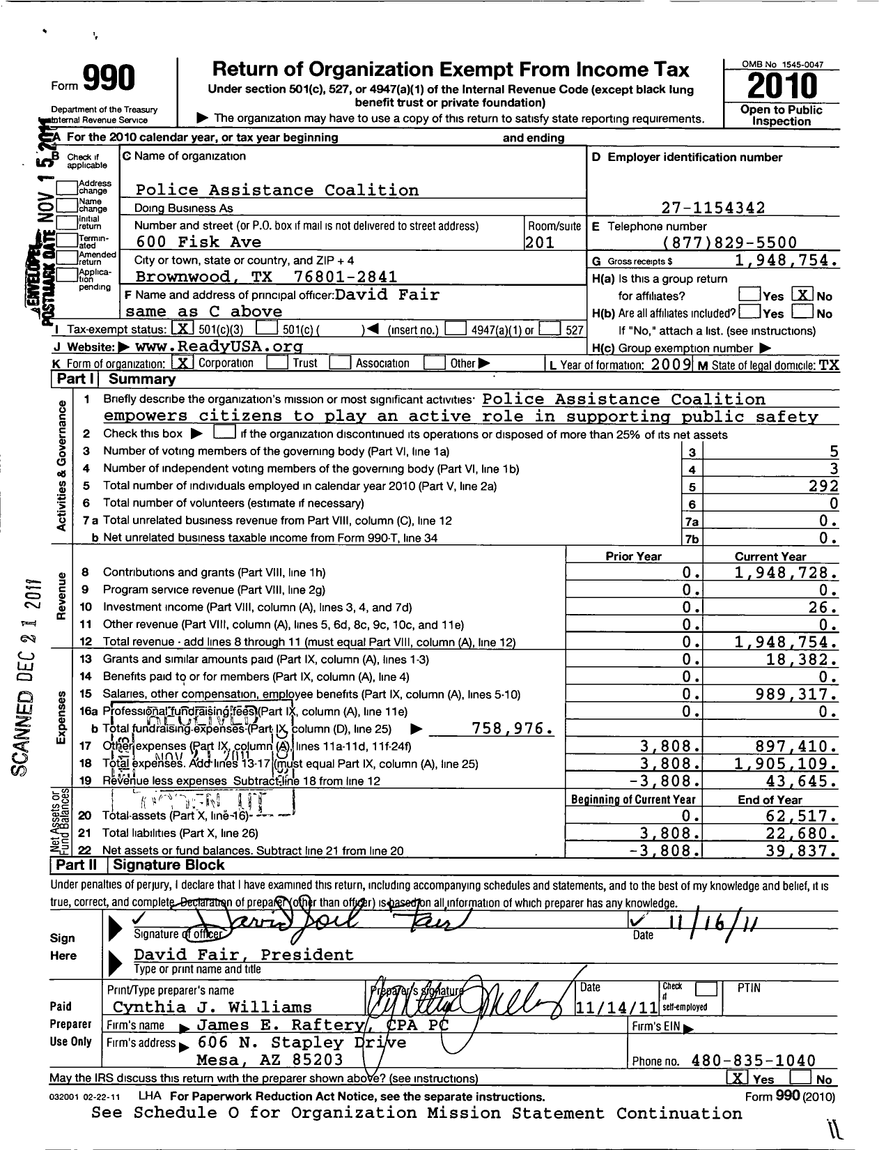 Image of first page of 2010 Form 990 for Police Assistance Fund