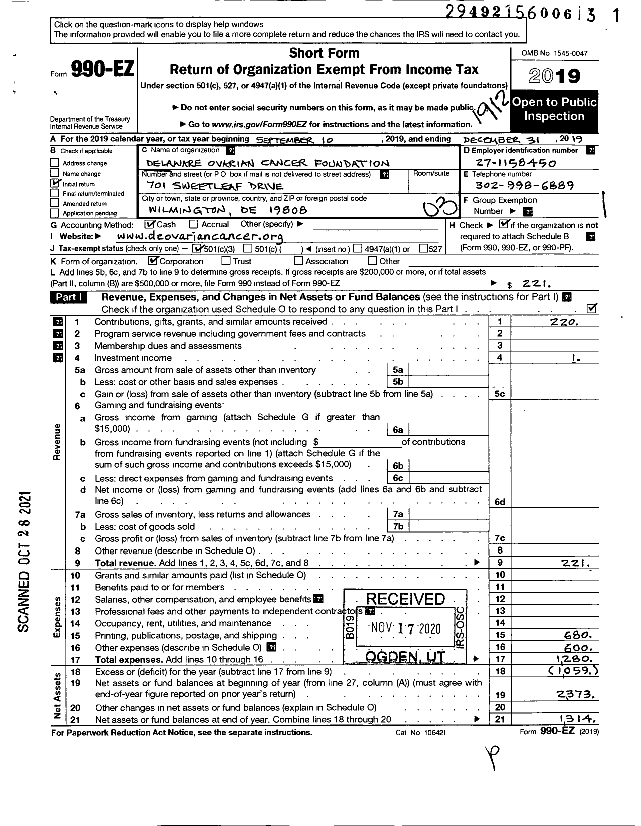 Image of first page of 2019 Form 990EZ for Delaware Ovarian Cancer Foundation