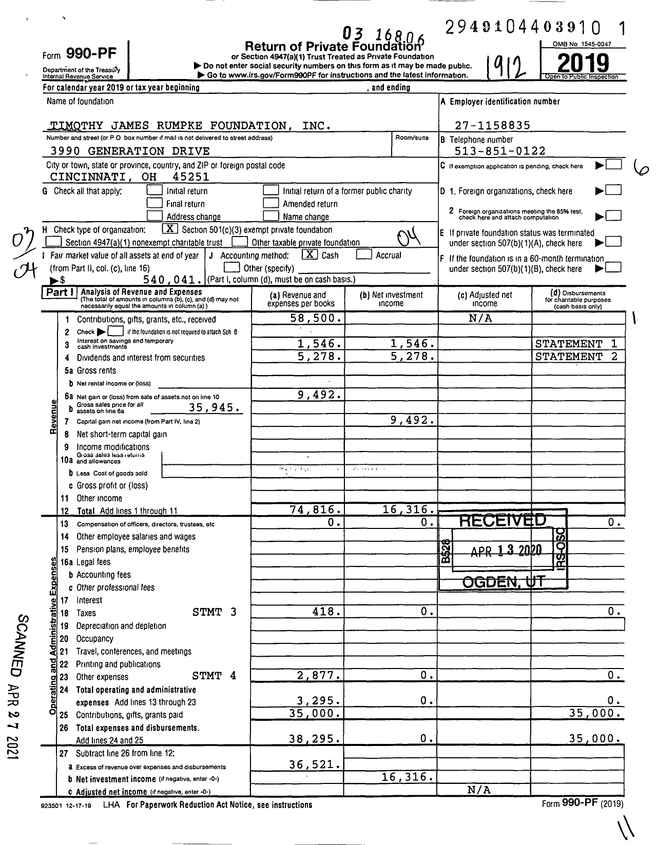 Image of first page of 2019 Form 990PF for The William J and Bonita L Rumpke Foundation