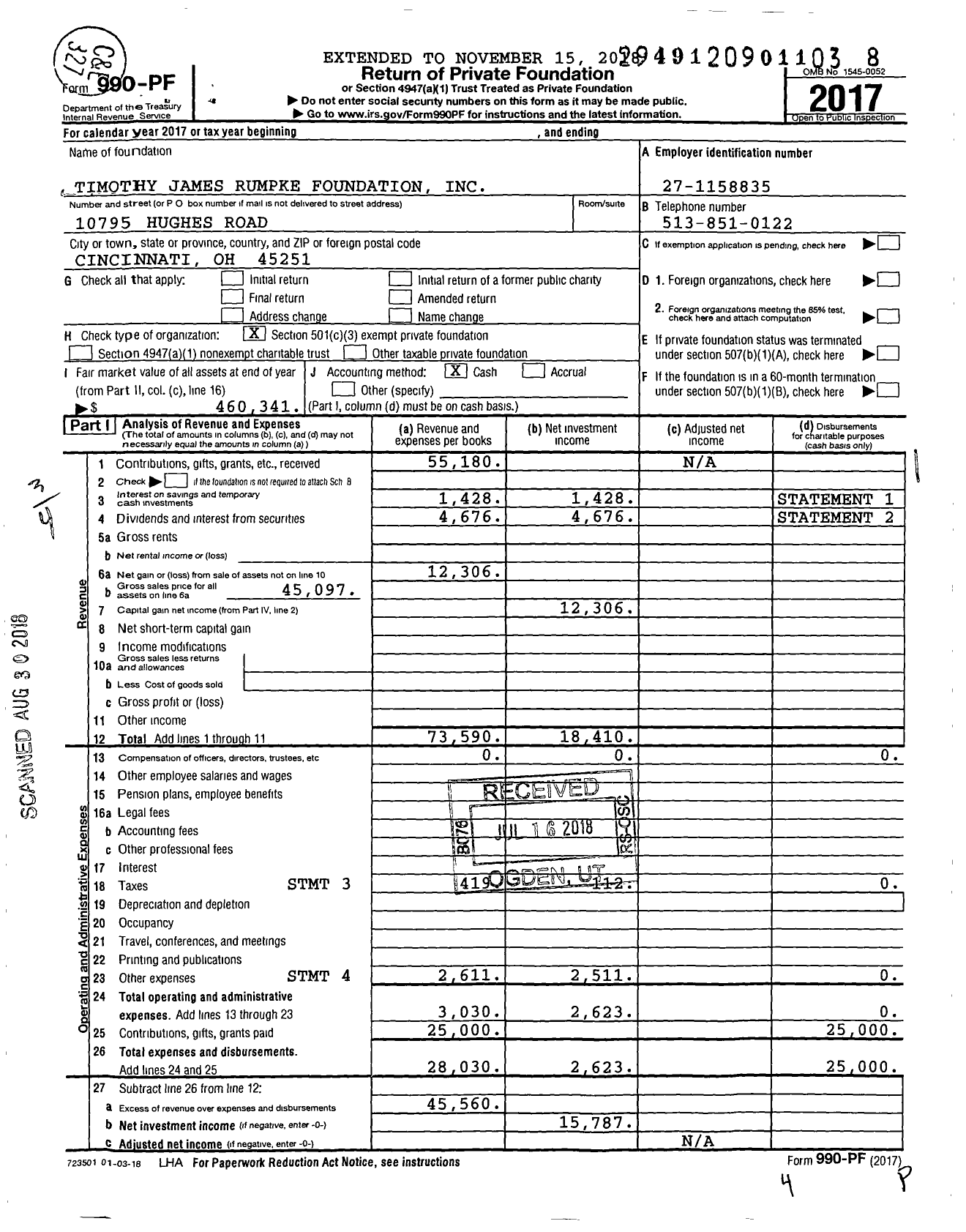 Image of first page of 2017 Form 990PF for The William J and Bonita L Rumpke Foundation