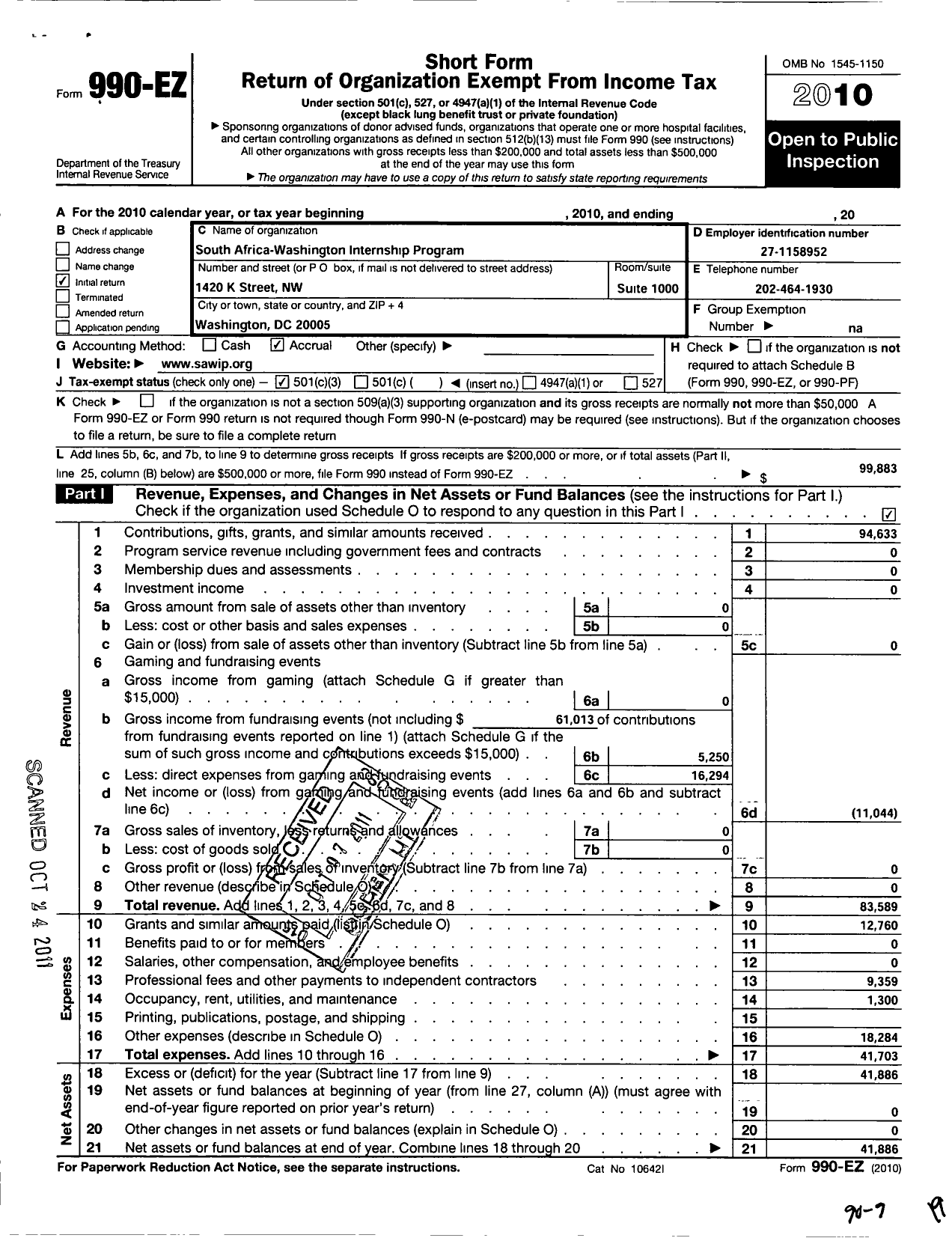 Image of first page of 2010 Form 990EZ for South Africa Washington International Program (SAWIP)