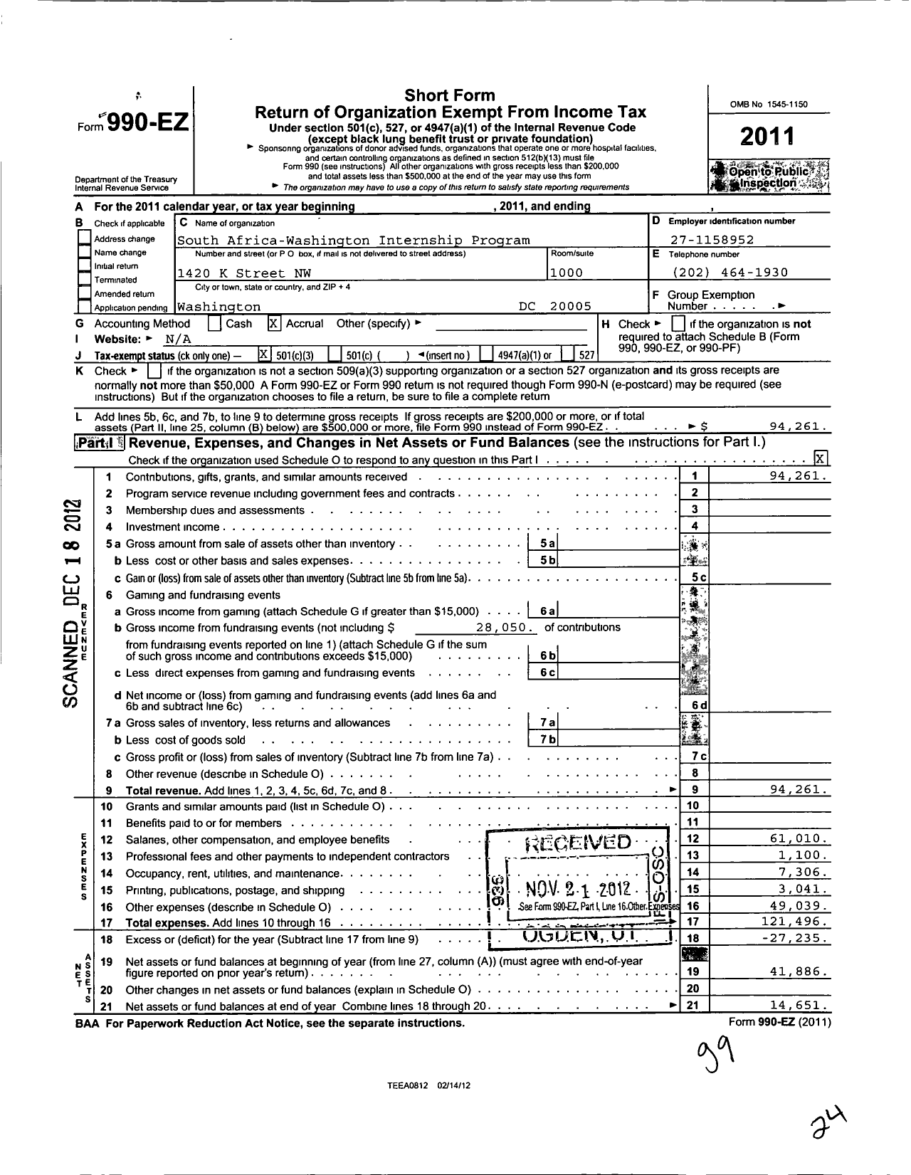 Image of first page of 2011 Form 990EZ for South Africa Washington International Program (SAWIP)