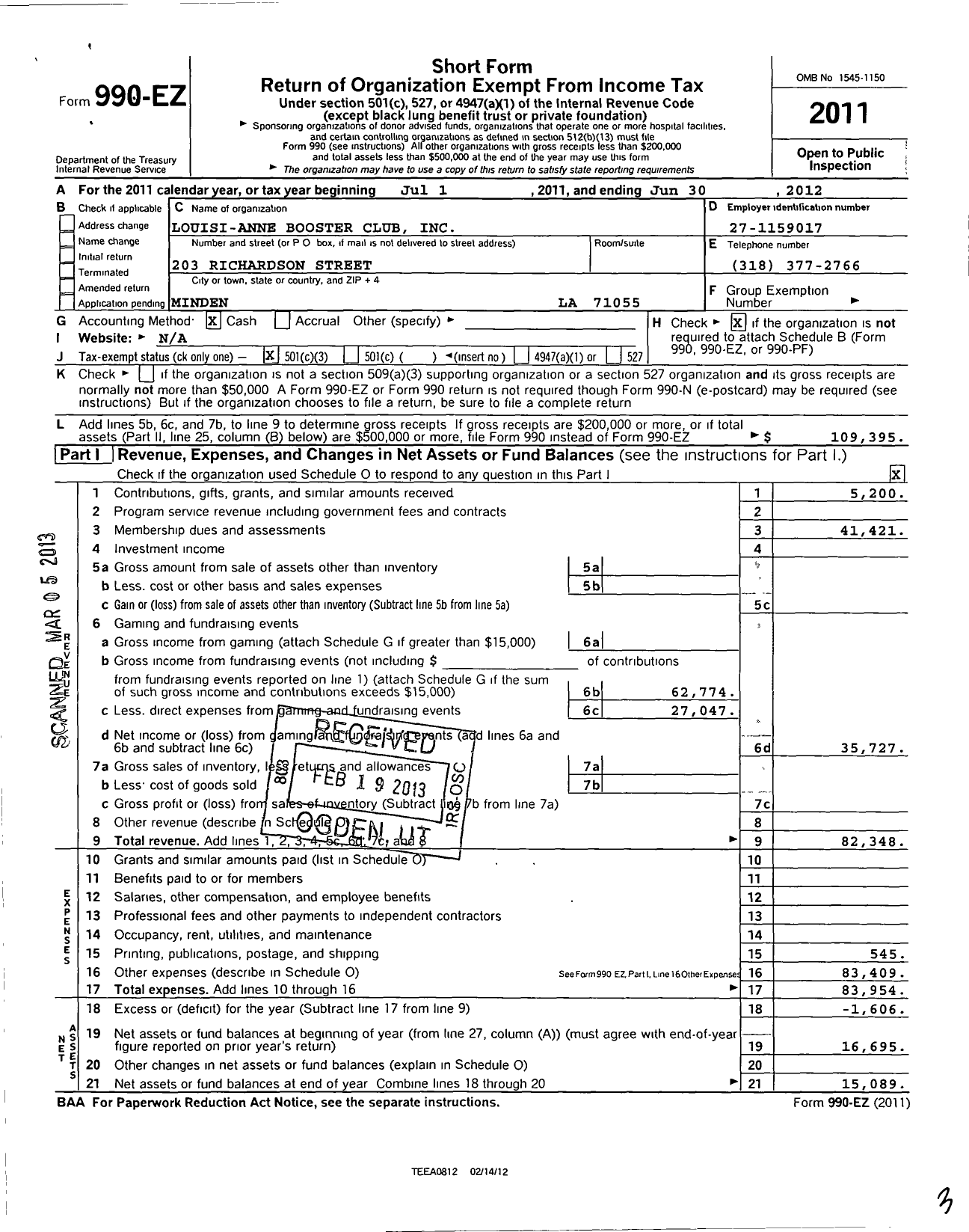 Image of first page of 2011 Form 990EZ for Louisi-Anne Booster Club